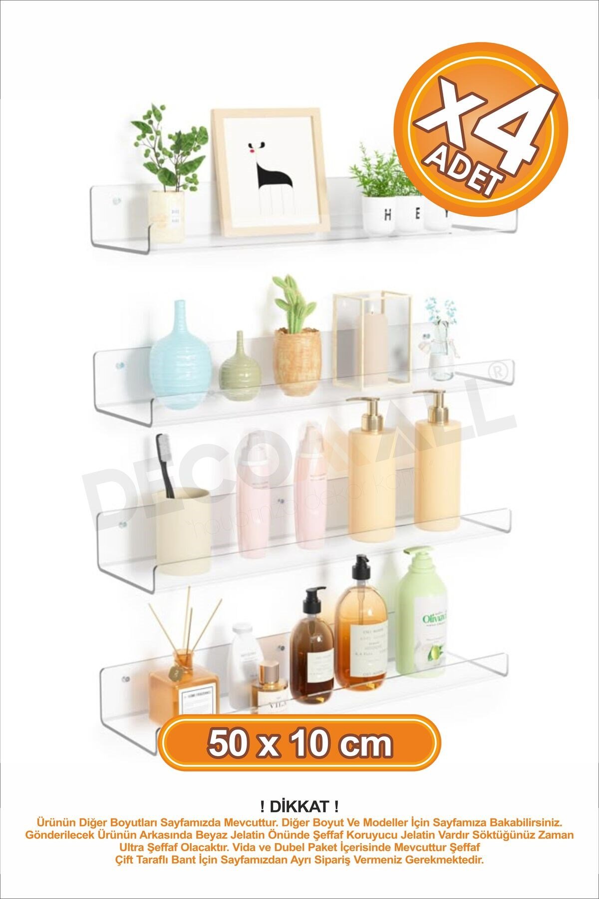 x4 Adet 50 x 10 cm Banyo Duvar Rafı Banyo Düzenleyici Hayalet Şeffaf Raf Duvar Rafı