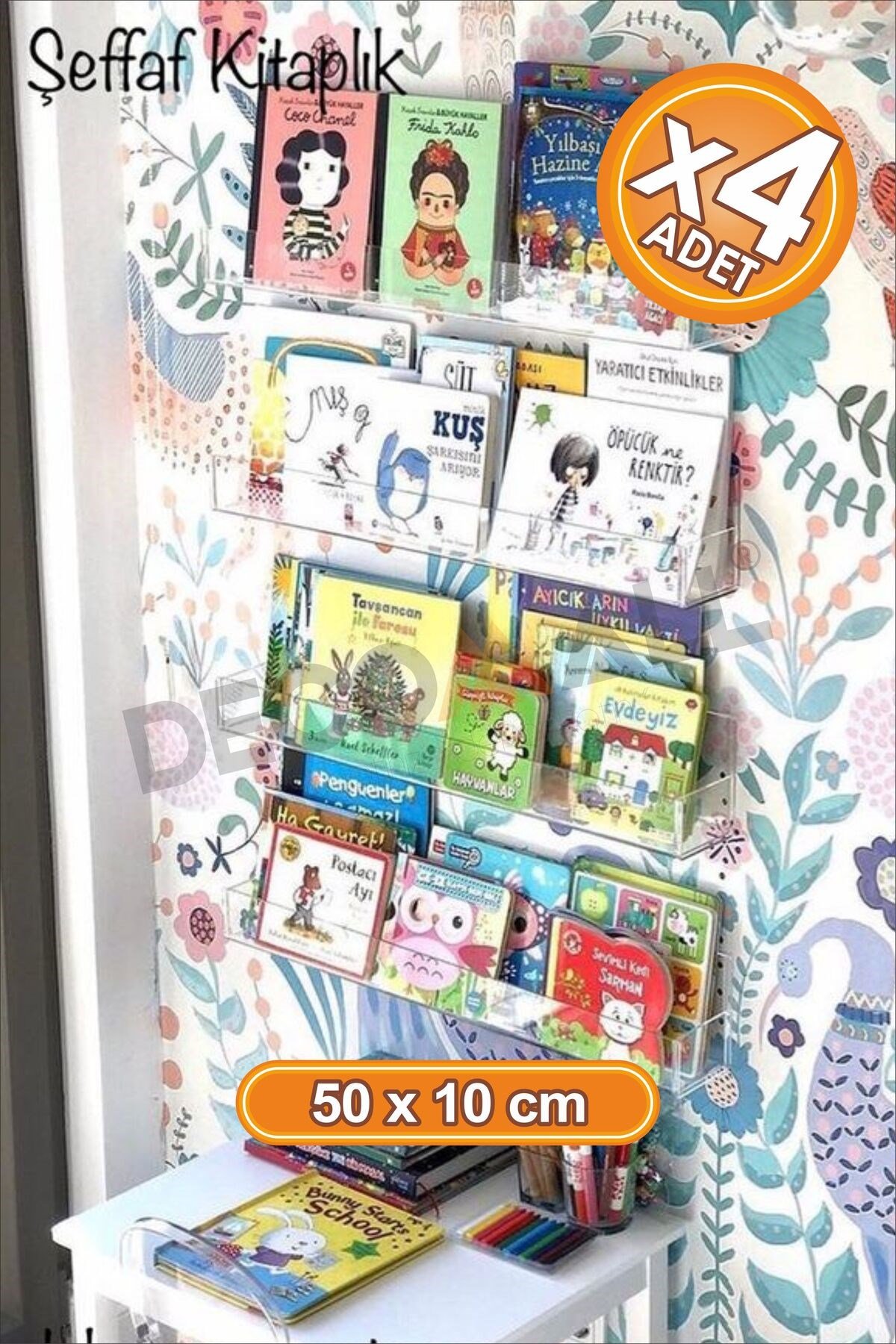 x4 Adet 50 x 5 cm Kitaplık Duvar Rafı Kitap Rafı Pleksi Hayalet Raf Duvar Düzenleyici