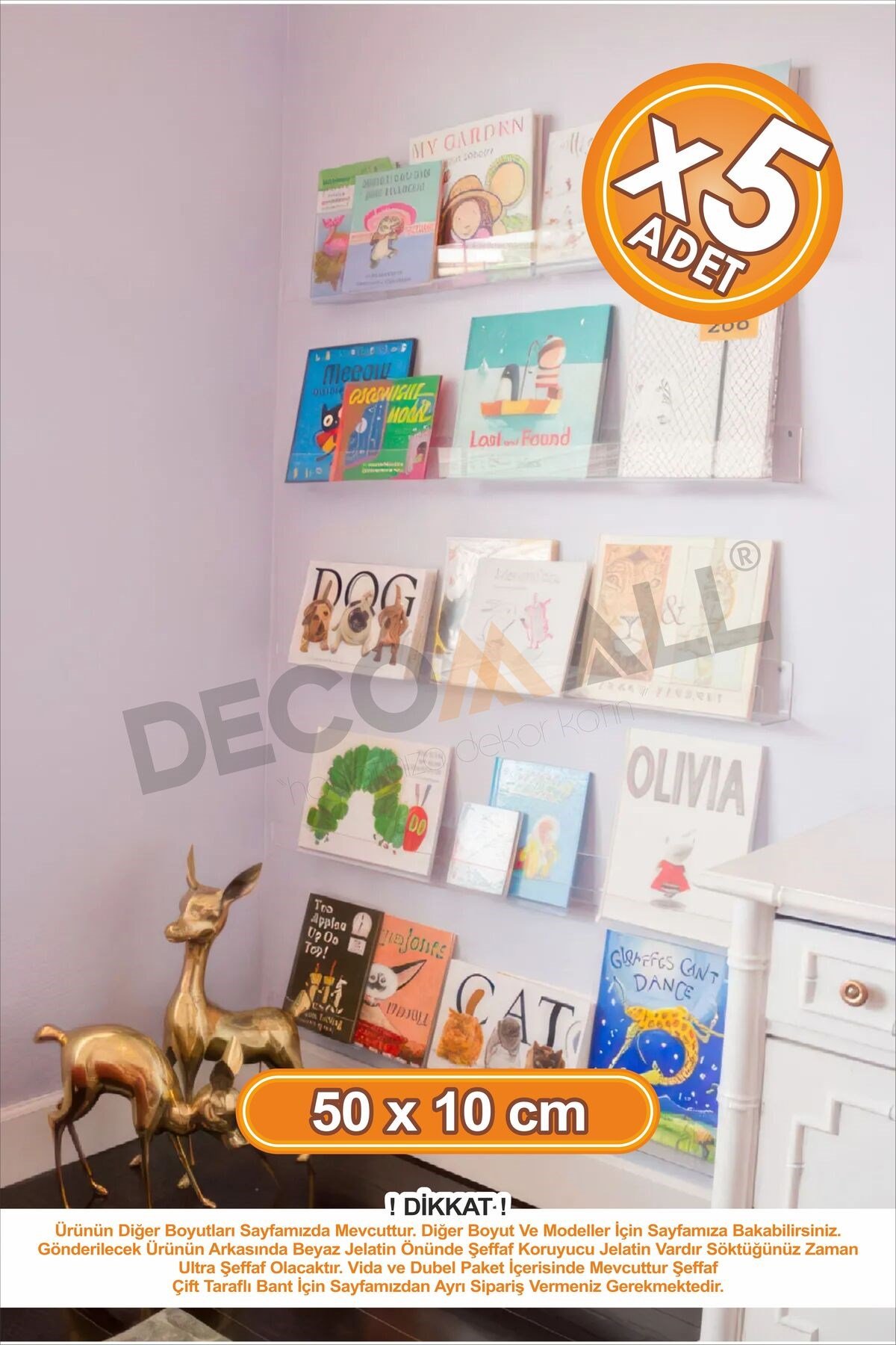 x5 Adet 50 x 5 cm Kitaplık Duvar Rafı Kitap Rafı Pleksi Hayalet Raf Duvar Düzenleyici