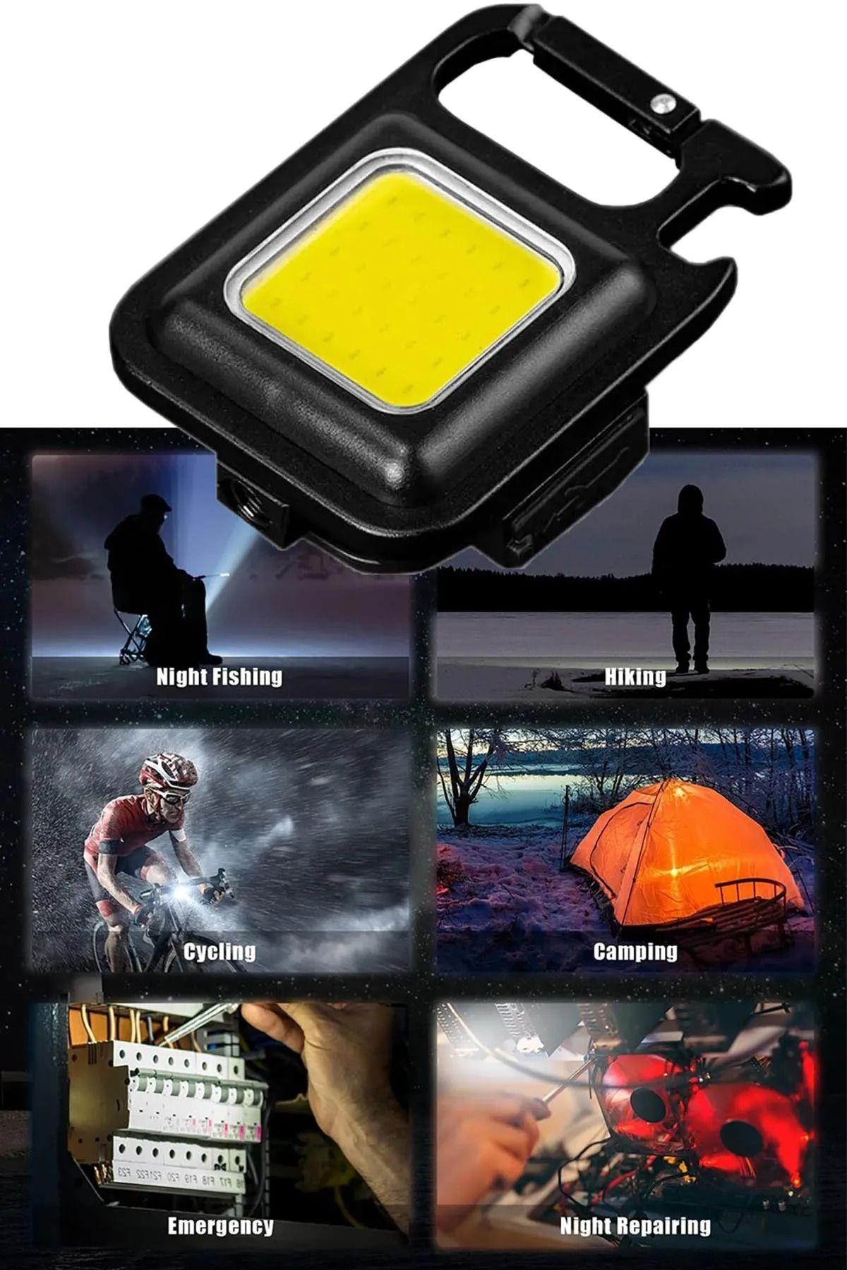 Mini Cob Led Flash'lı Anahtarlıklı Plastik Kasa El Feneri Şişe Açacağı Usb’li Şarj Edilebilir