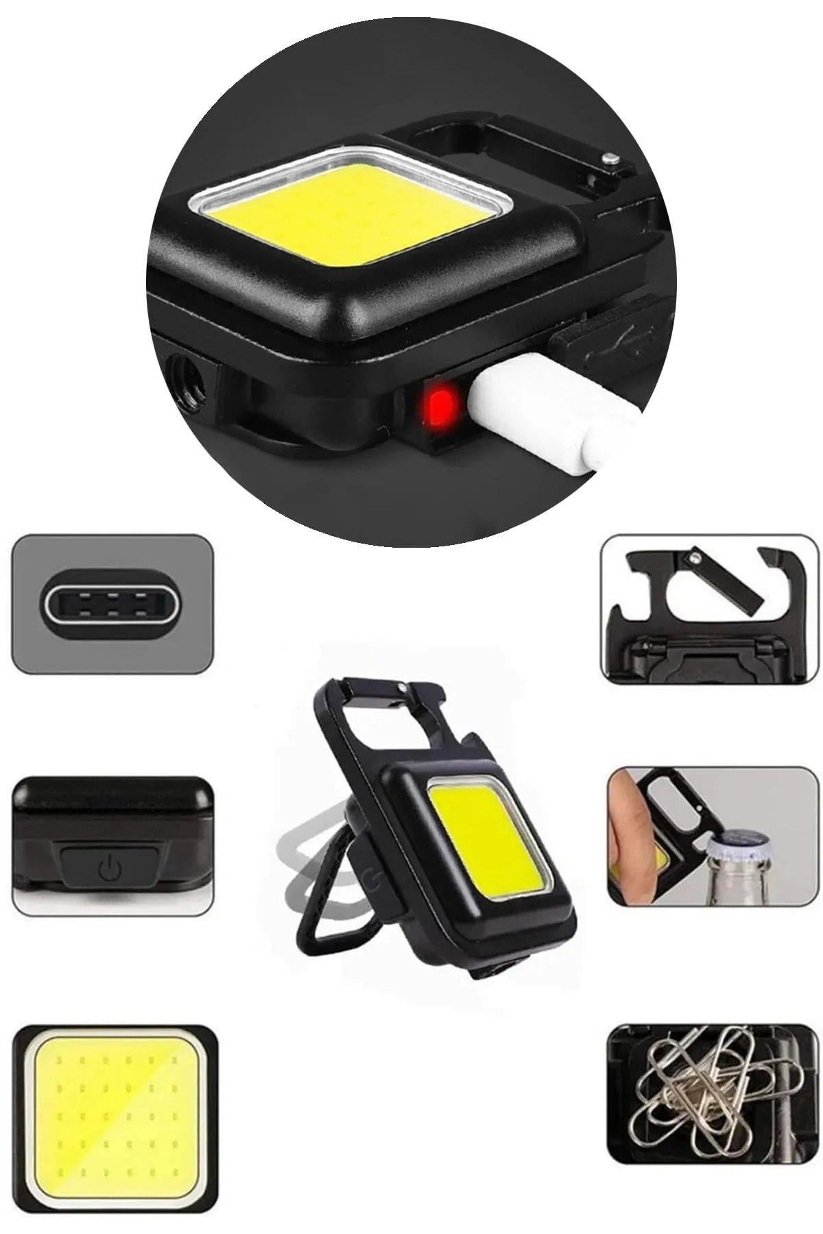 Mini Cob Led Flash'lı Anahtarlıklı Plastik Kasa El Feneri Şişe Açacağı Usb’li Şarj Edilebilir