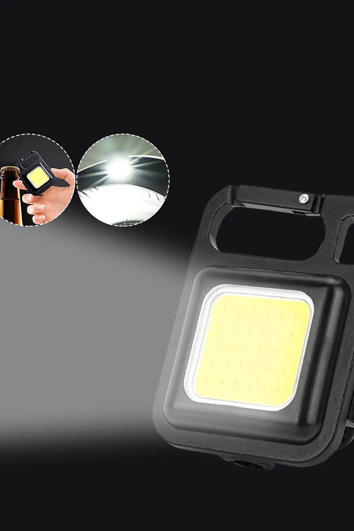 Mini Cob Led Flash'lı Anahtarlıklı Plastik Kasa El Feneri Şişe Açacağı Usb’li Şarj Edilebilir
