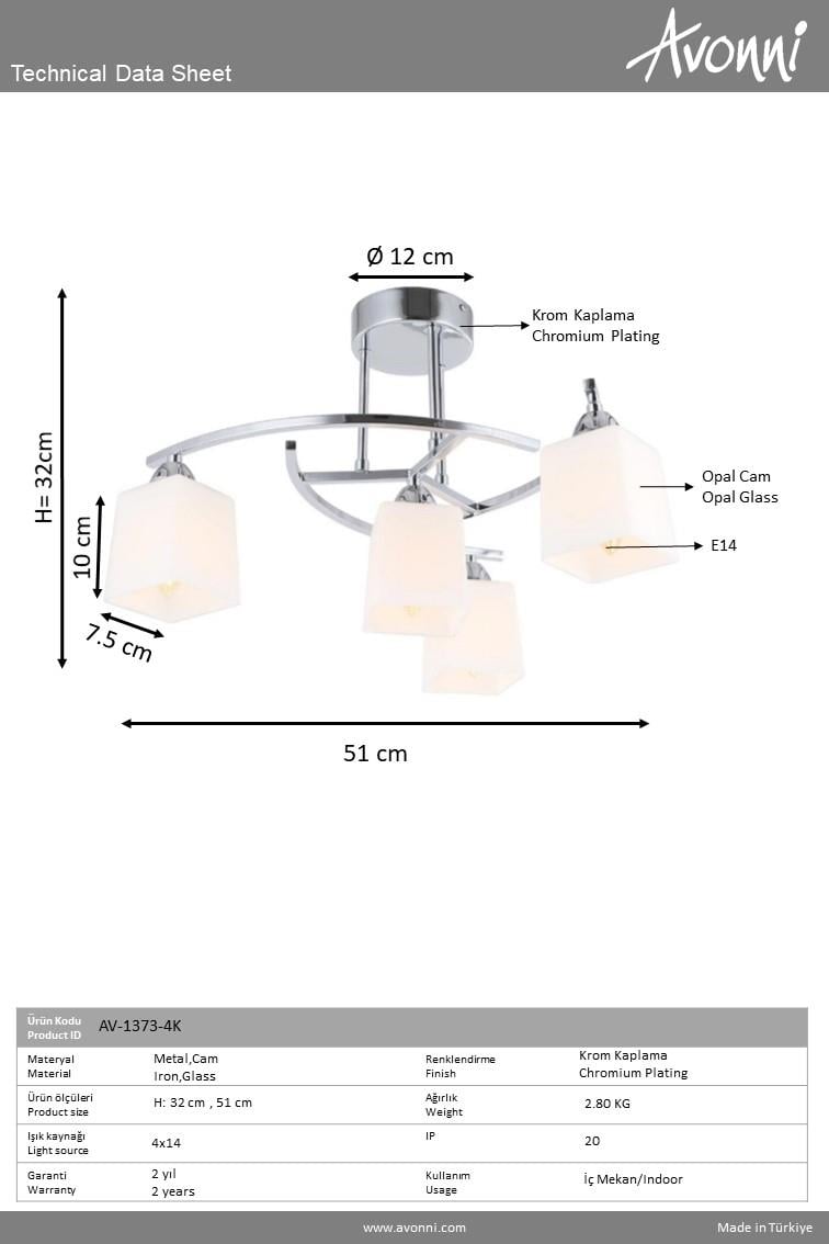 Avonni, 1373 Ailesi Krom Kaplama Plafonyer Avize
