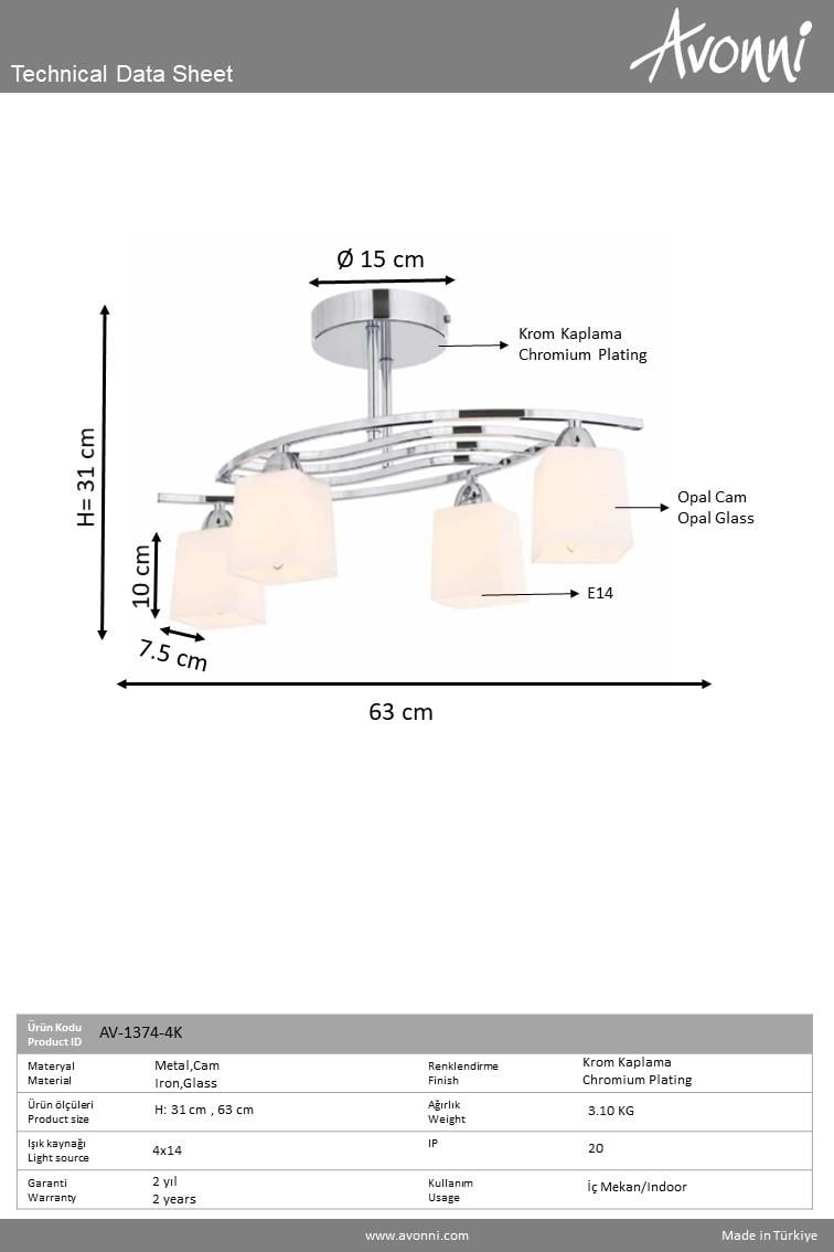 Avonni, 1374 Ailesi Krom Kaplama Plafonyer Avize