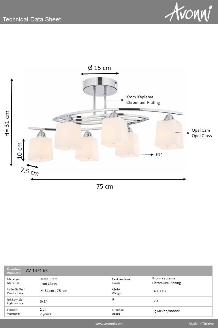 Avonni, 1374 Ailesi Krom Kaplama Plafonyer Avize