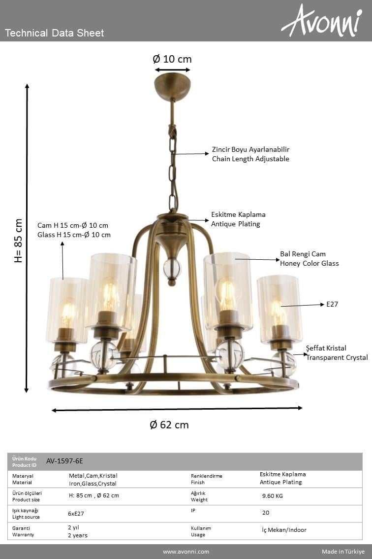 Avonni, 1597 Ailesi Eskitme Kaplama Retro Avize