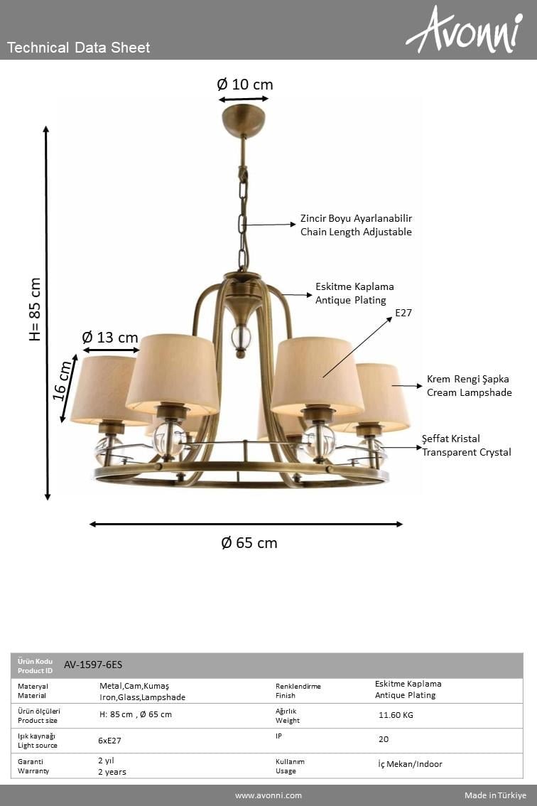 Avonni, 1597 Ailesi Eskitme Kaplama Retro Avize