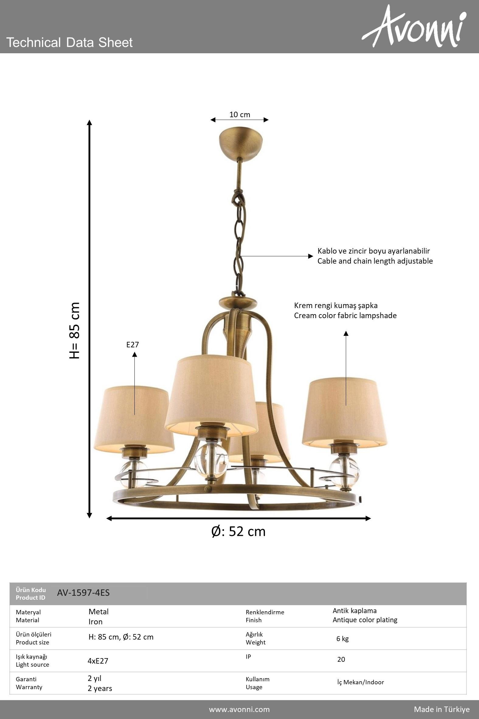 Avonni, 1597 Ailesi Eskitme Kaplama Retro Avize