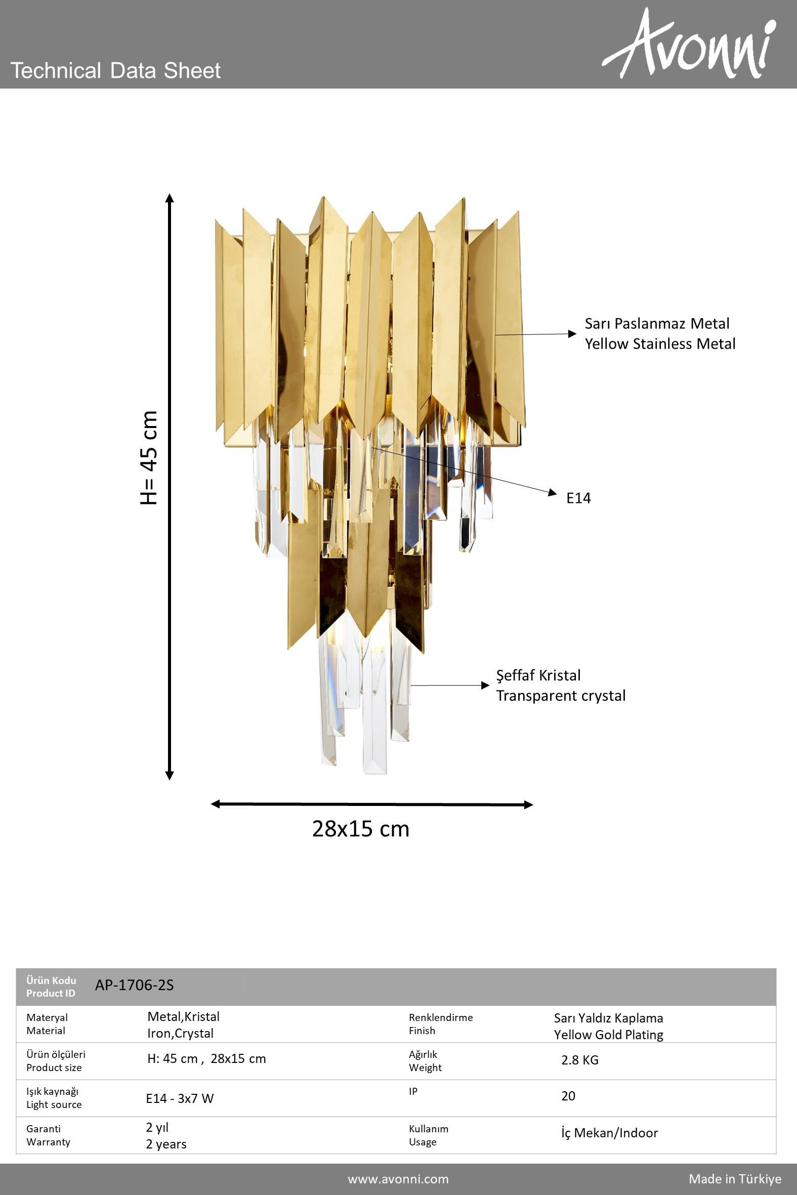 Avonni, 1706 Ailesi Sarı Kaplama Luxury Avize