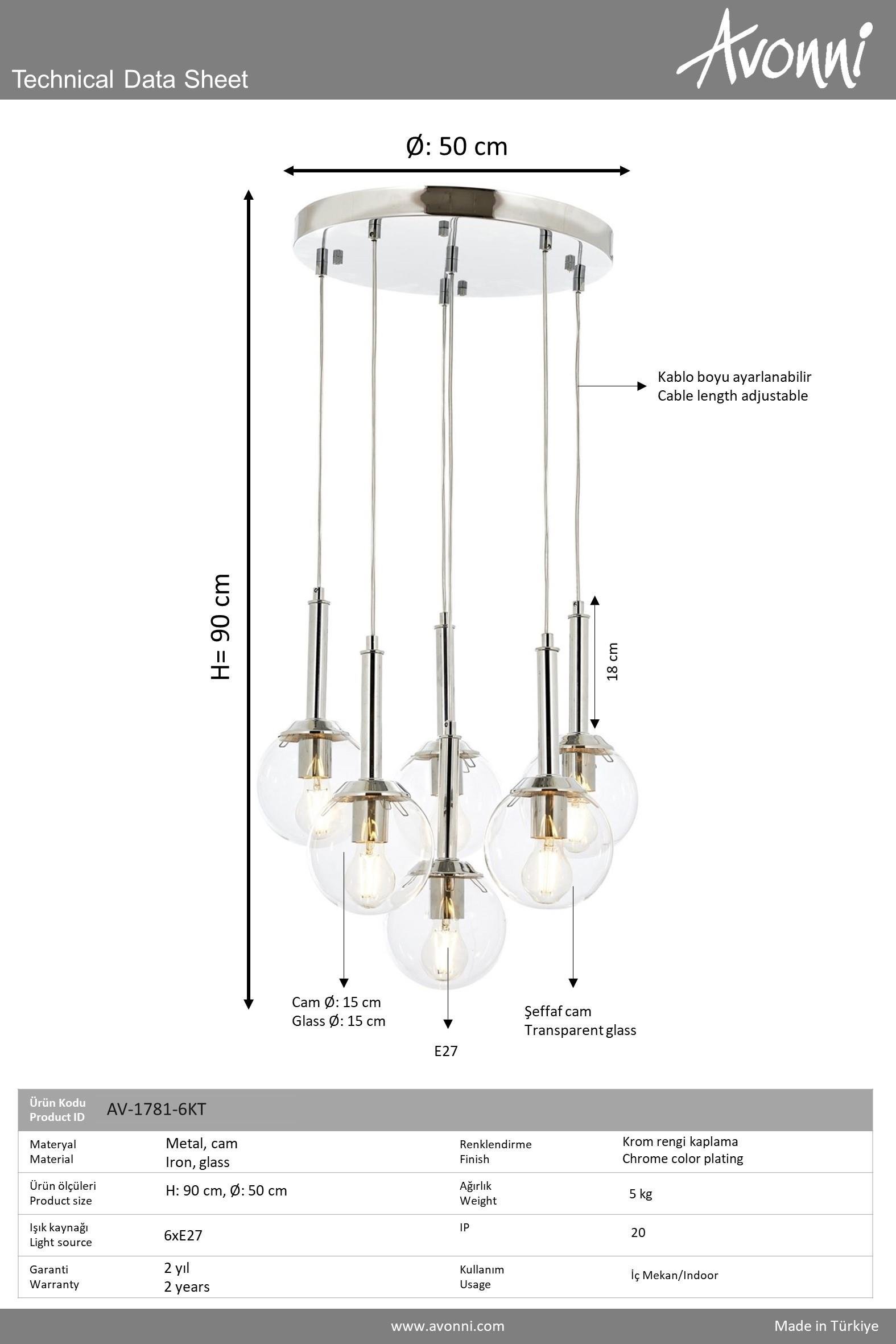 Avonni, 1781 Ailesi Krom Kaplama Modern Avize 