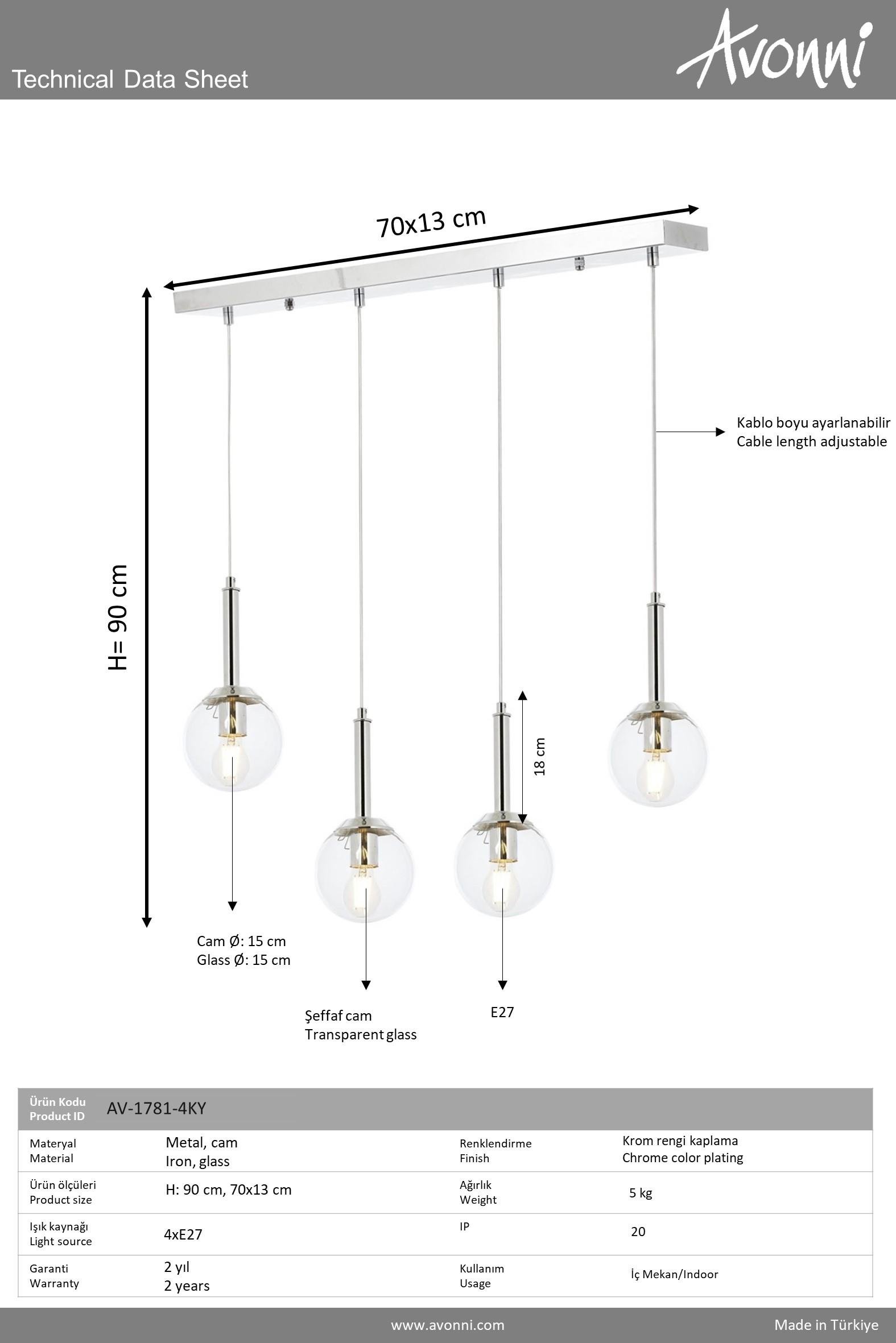 Avonni, 1781 Ailesi Krom Kaplama Modern Avize 
