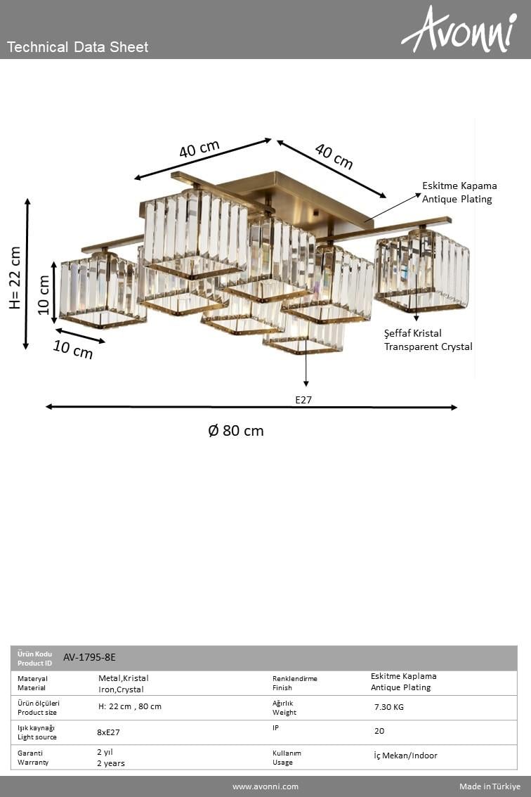 Avonni, 1795 Ailesi Eskitme Kaplama Modern Avize 