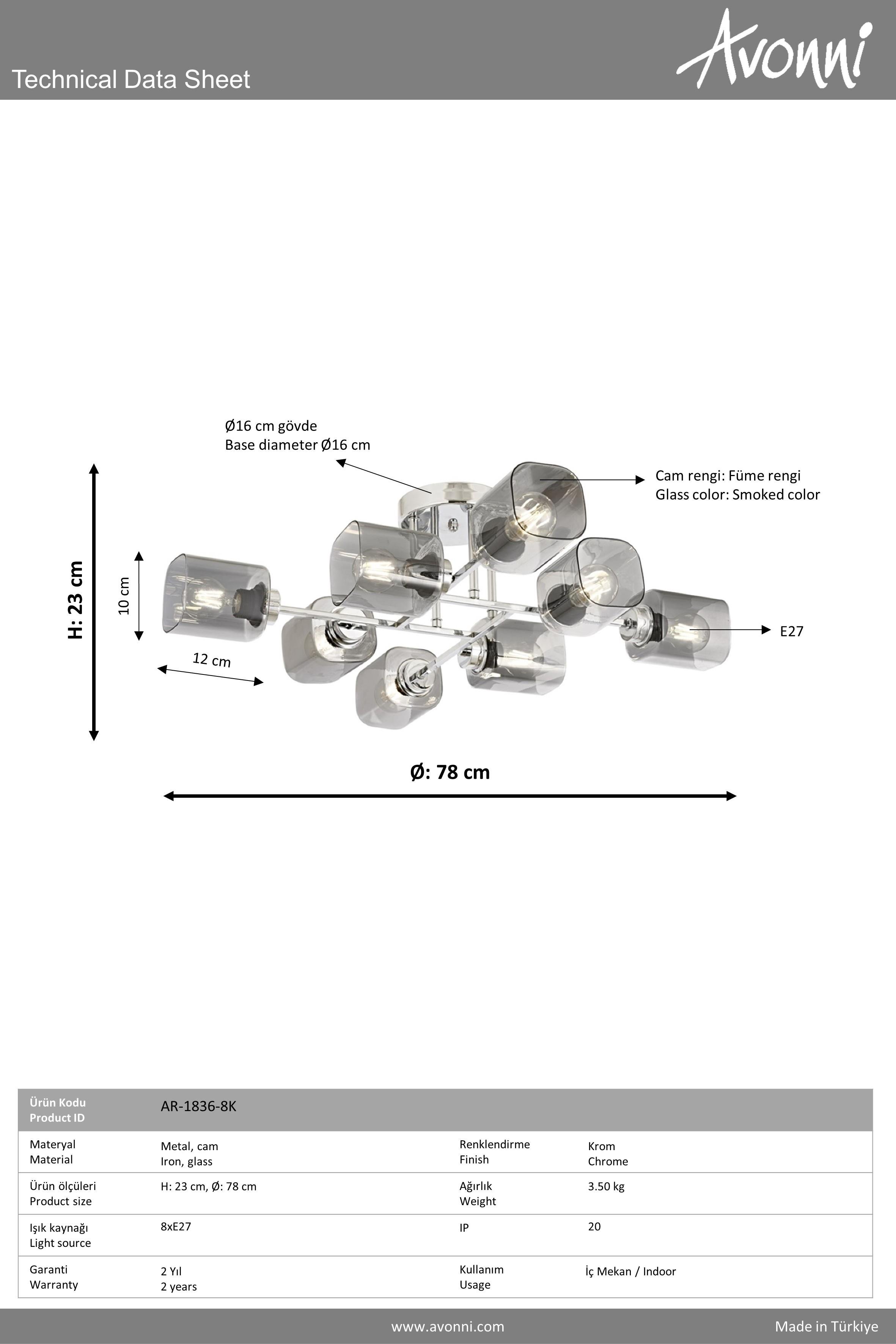 Avonni, 1836 Ailesi Krom Kaplama Plafonyer Avize