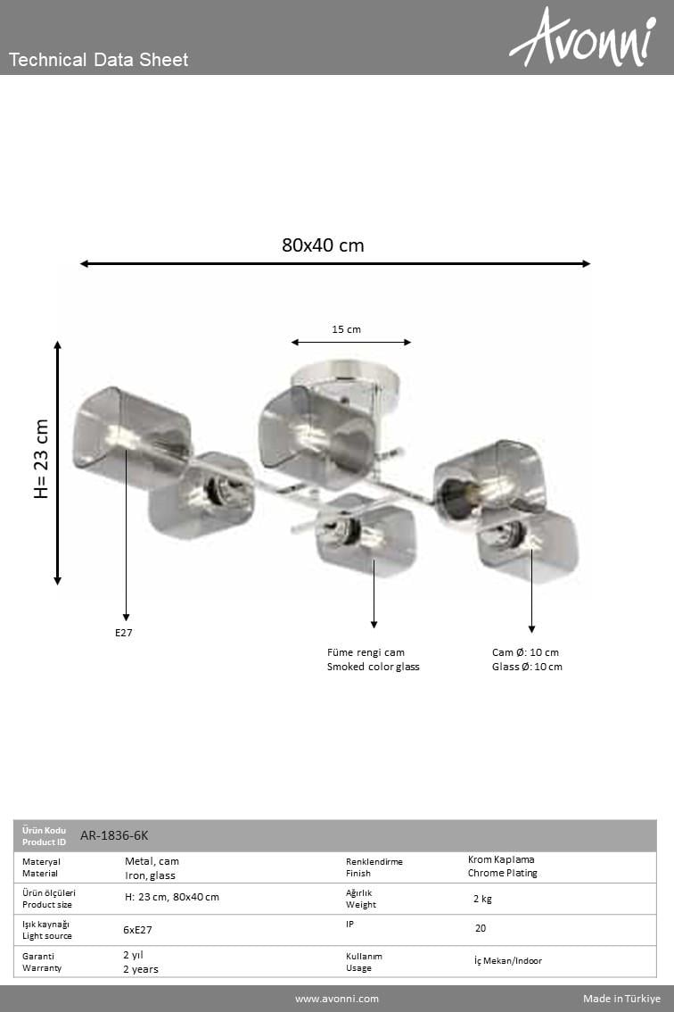 Avonni, 1836 Ailesi Krom Kaplama Plafonyer Avize