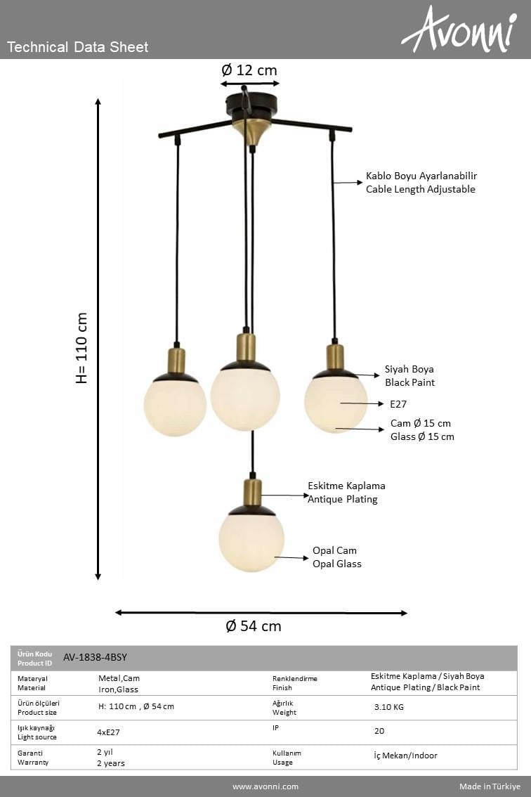 Avonni, 1838 Ailesi Siyah Boyalı Modern Avize 
