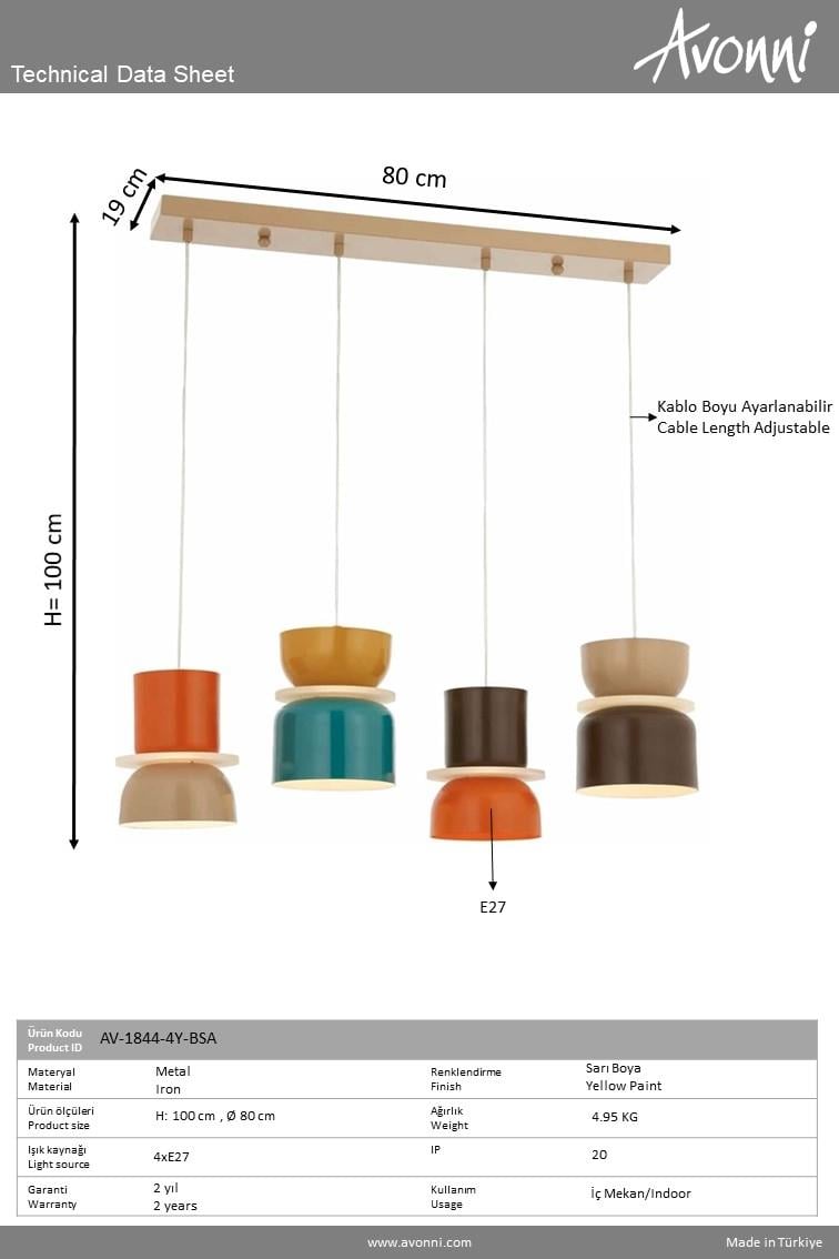 Avonni, 1844 Ailesi Sarı Boyalı Modern Avize 