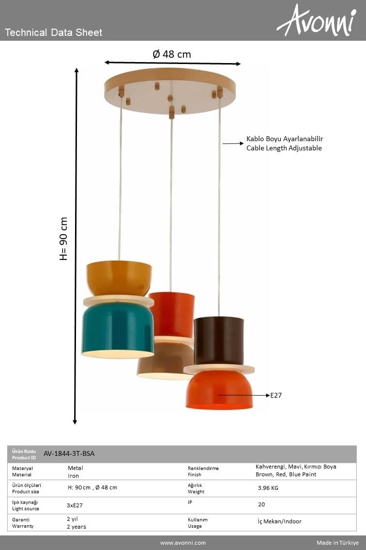 Avonni, 1844 Ailesi Sarı Boyalı Modern Avize 