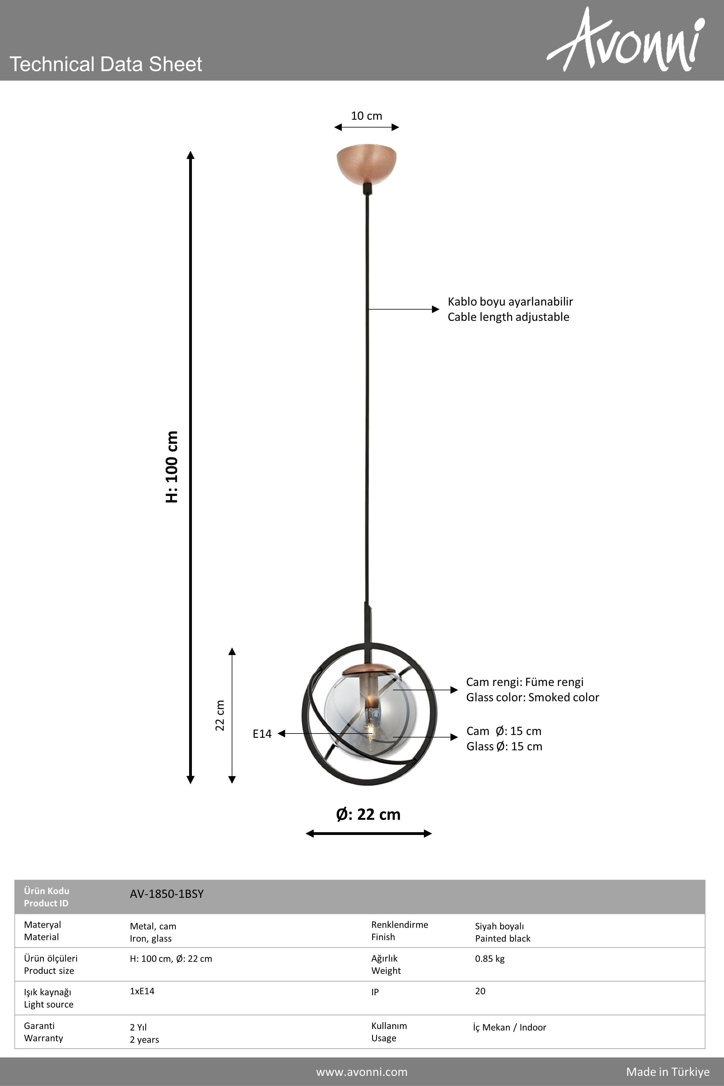 Avonni, 1850 Ailesi Siyah Boyalı Modern Avize 