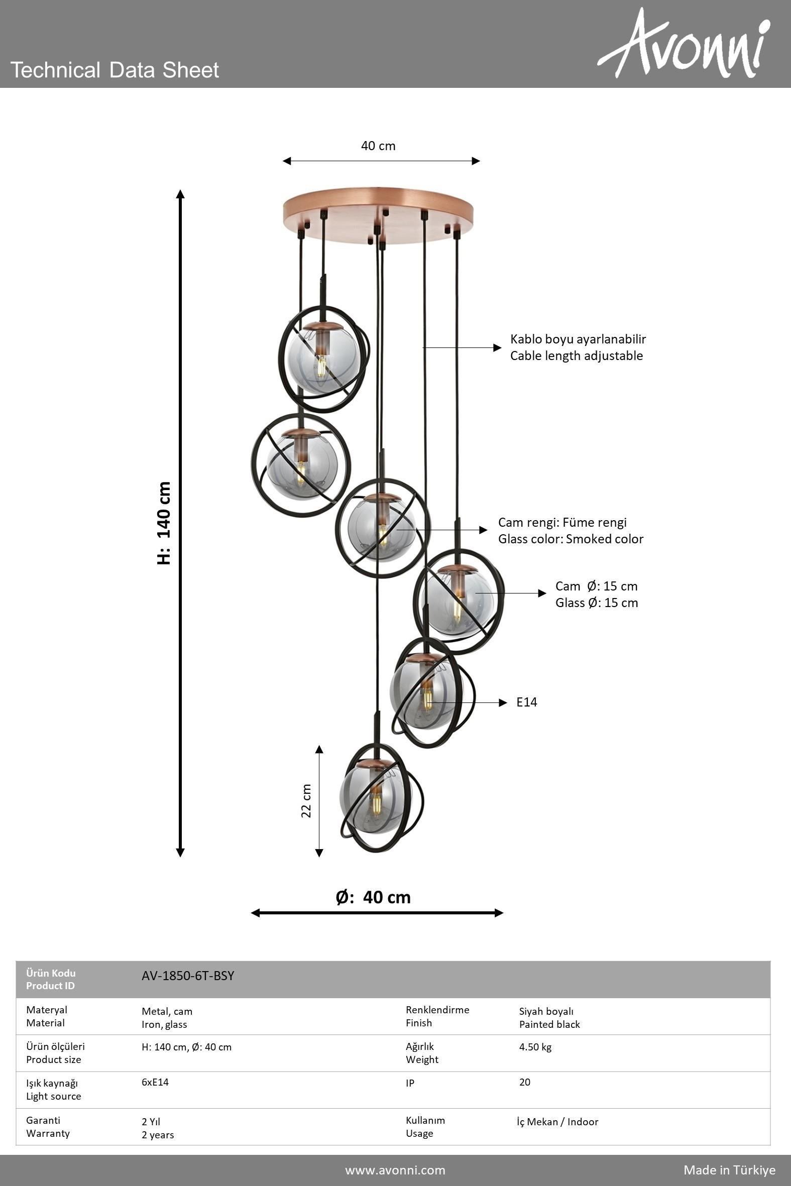 Avonni, 1850 Ailesi Siyah Boyalı Modern Avize 