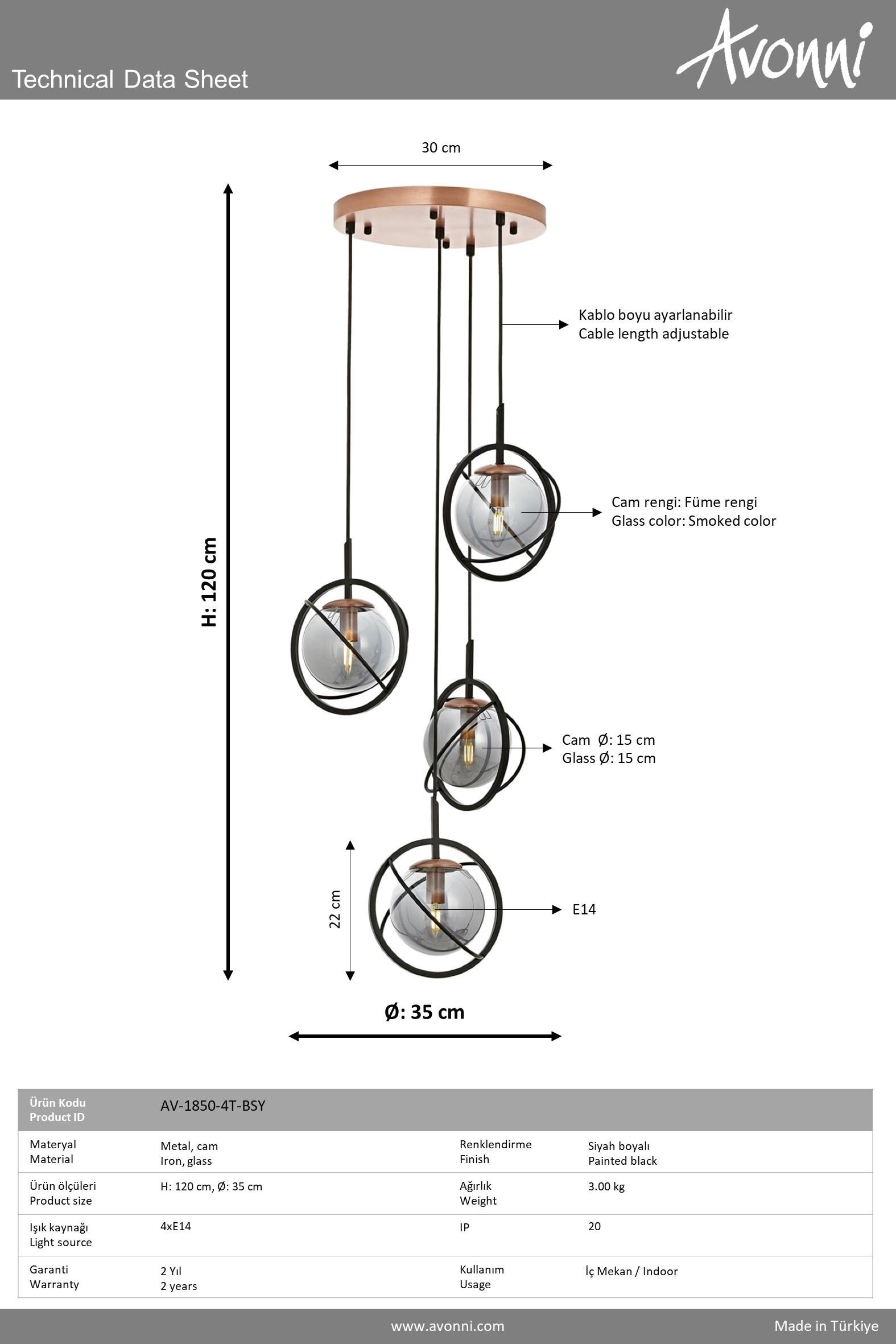 Avonni, 1850 Ailesi Siyah Boyalı Modern Avize 