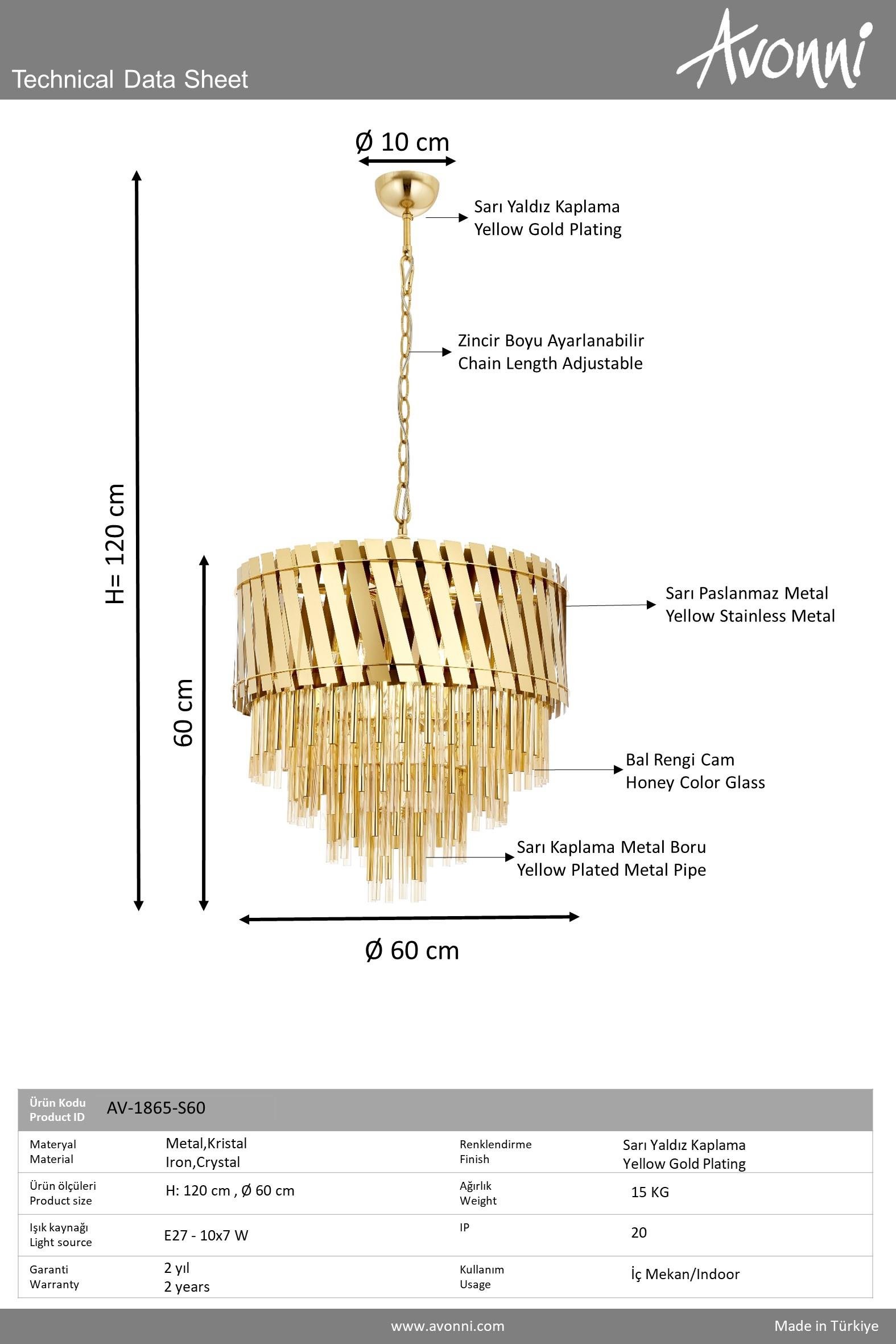 Avonni, 1865 Ailesi Sarı Kaplama Luxury Avize