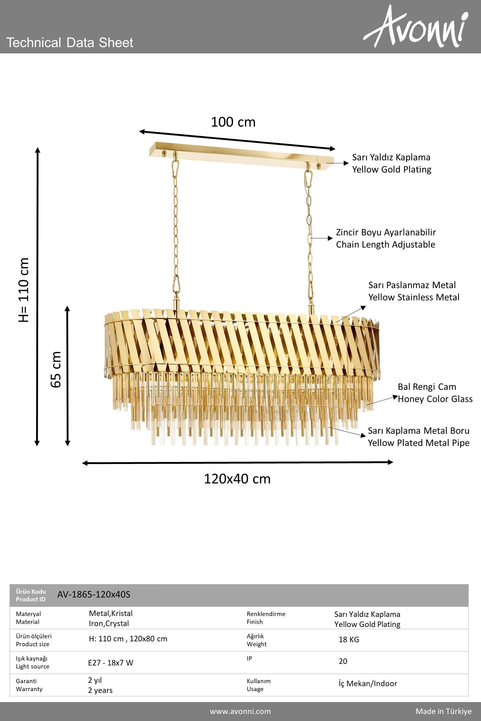 Avonni, 1865 Ailesi Sarı Kaplama Luxury Avize
