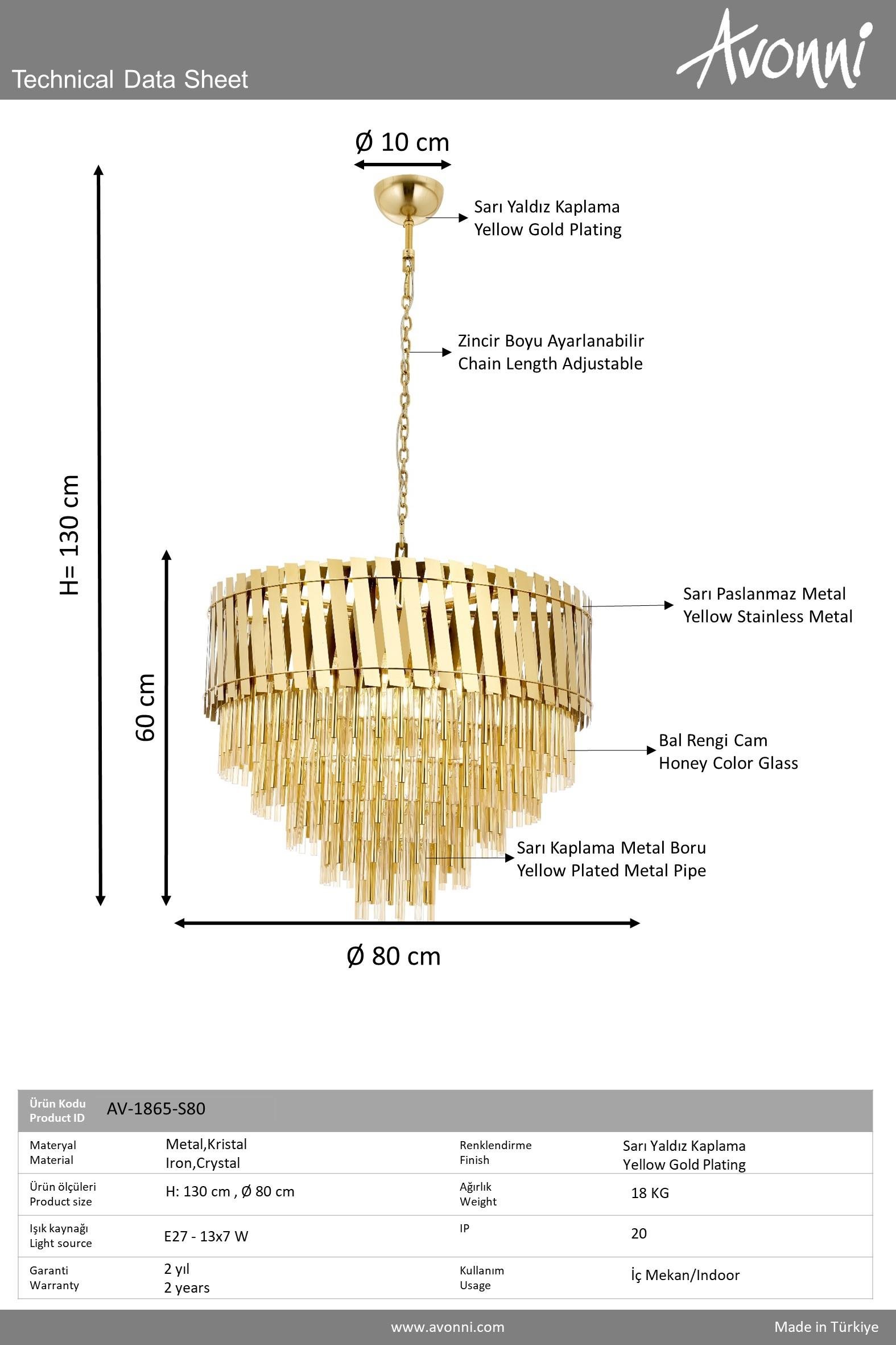 Avonni, 1865 Ailesi Sarı Kaplama Luxury Avize