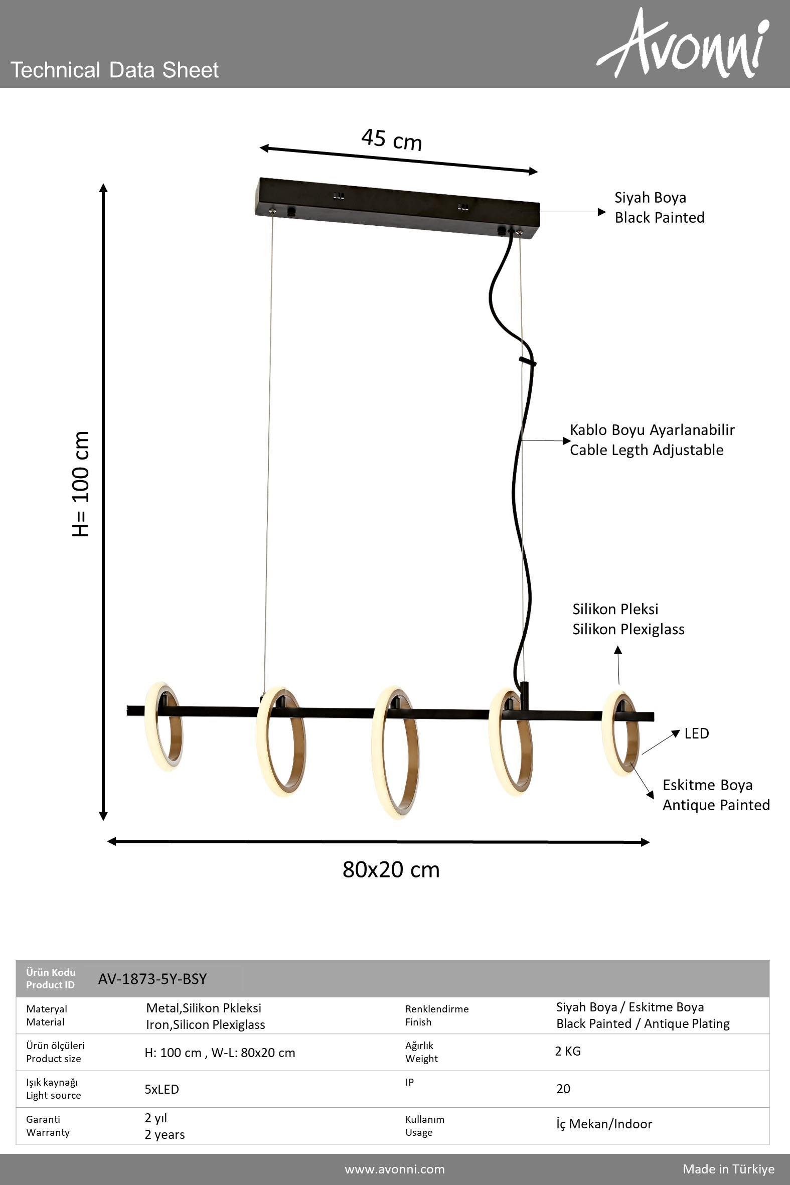 Avonni, 1873 Ailesi Sarı/Siyah Boyalı Modern Avize 