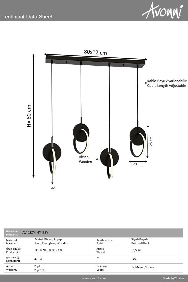 Avonni, 1874 Ailesi Siyah Boyalı Modern Avize 