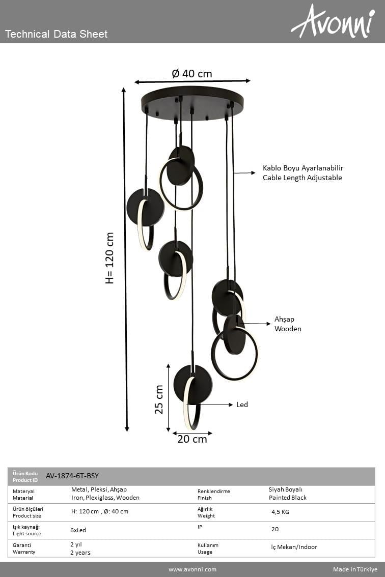 Avonni, 1874 Ailesi Siyah Boyalı Modern Avize 