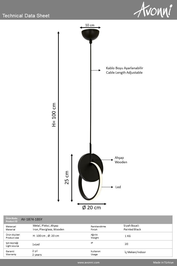 Avonni, 1874 Ailesi Siyah Boyalı Modern Avize 