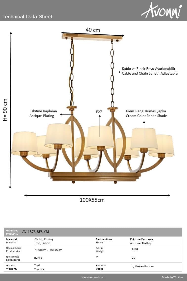 Avonni, 1876 Ailesi Eskitme Kaplama Modern Avize 