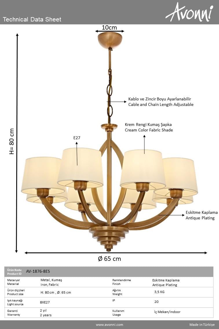 Avonni, 1876 Ailesi Eskitme Kaplama Modern Avize 