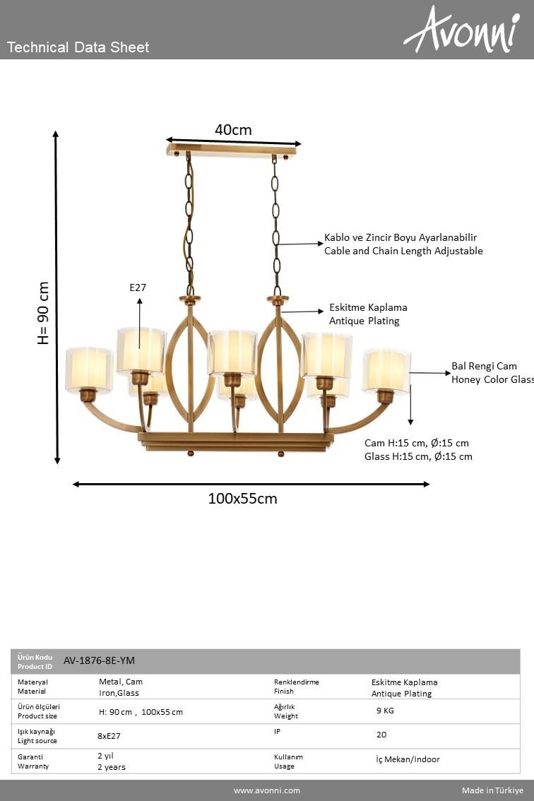 Avonni, 1876 Ailesi Eskitme Kaplama Modern Avize 