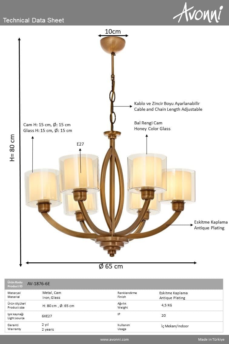 Avonni, 1876 Ailesi Eskitme Kaplama Modern Avize 