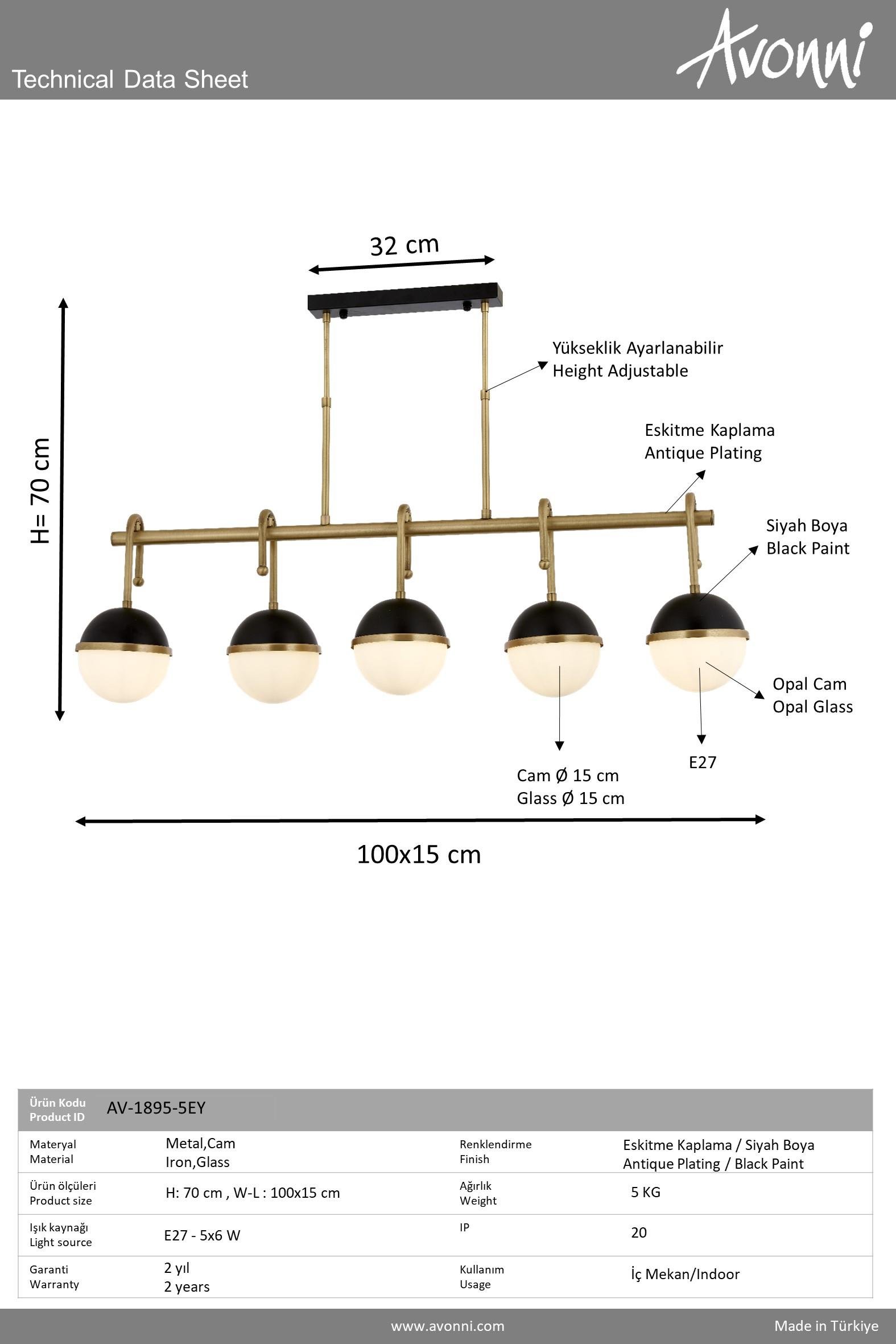 Avonni, 1895 Ailesi Siyah Boyalı ve Eskitme Kaplama Retro Avize
