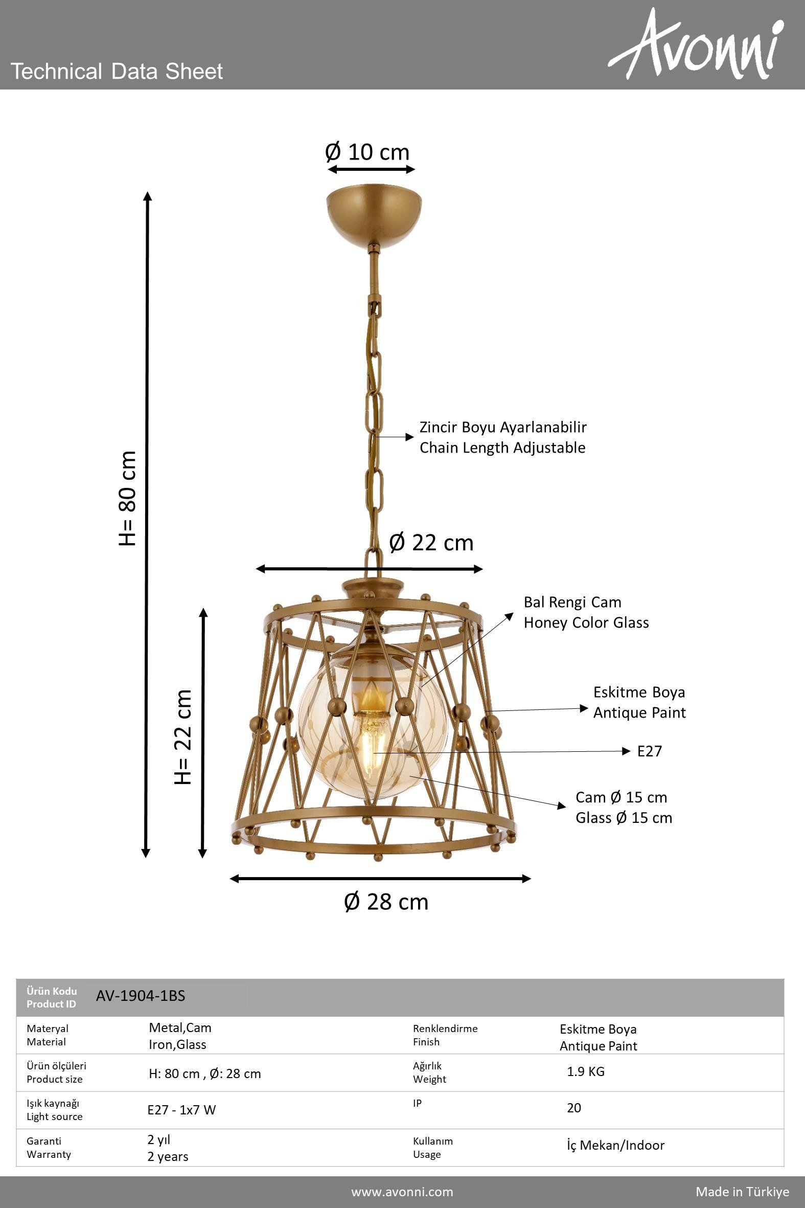 Avonni, 1904 Ailesi Eskitme Kaplama Tekli Avize