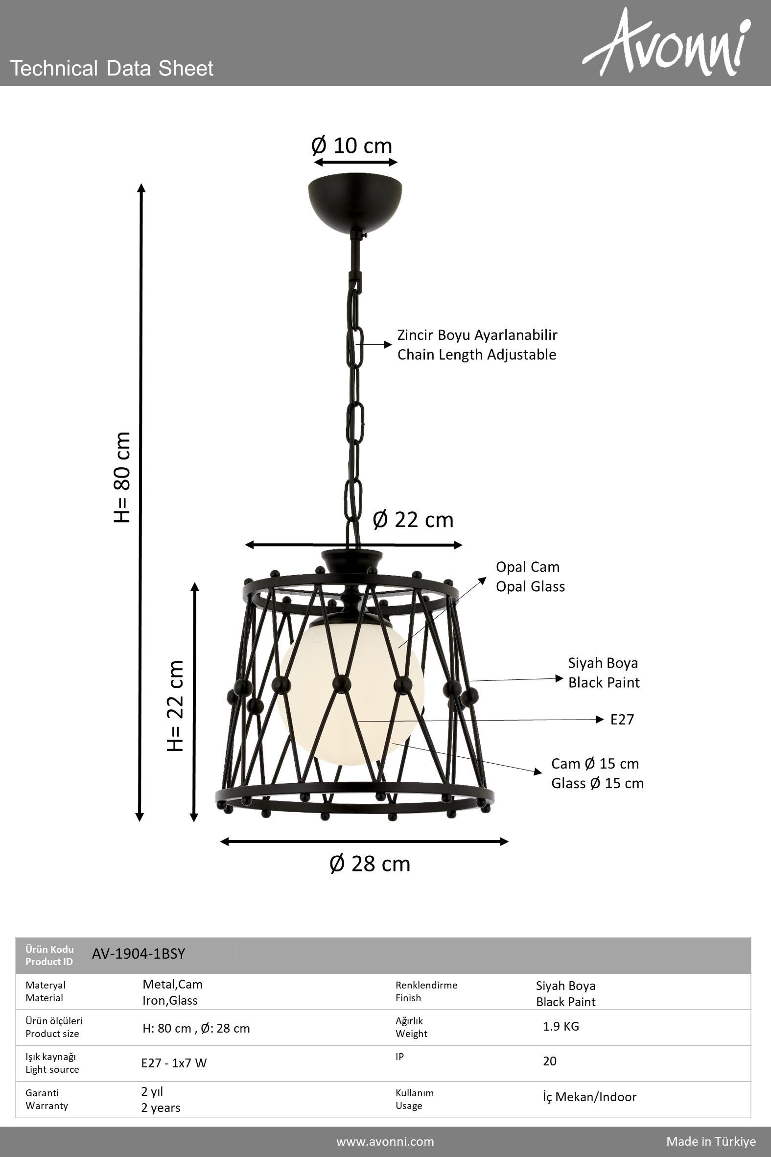 Avonni, 1904 Ailesi Eskitme Kaplama Tekli Avize