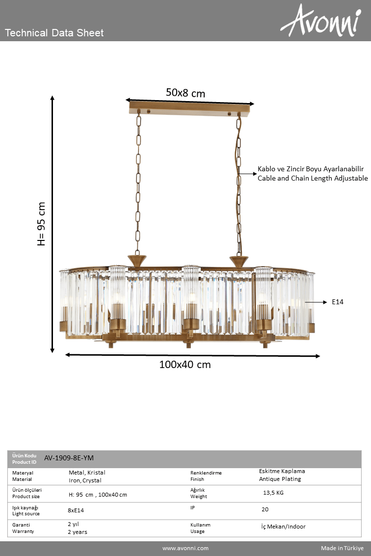 Avonni, 1909 Ailesi Eskitme Kaplama Modern Avize 