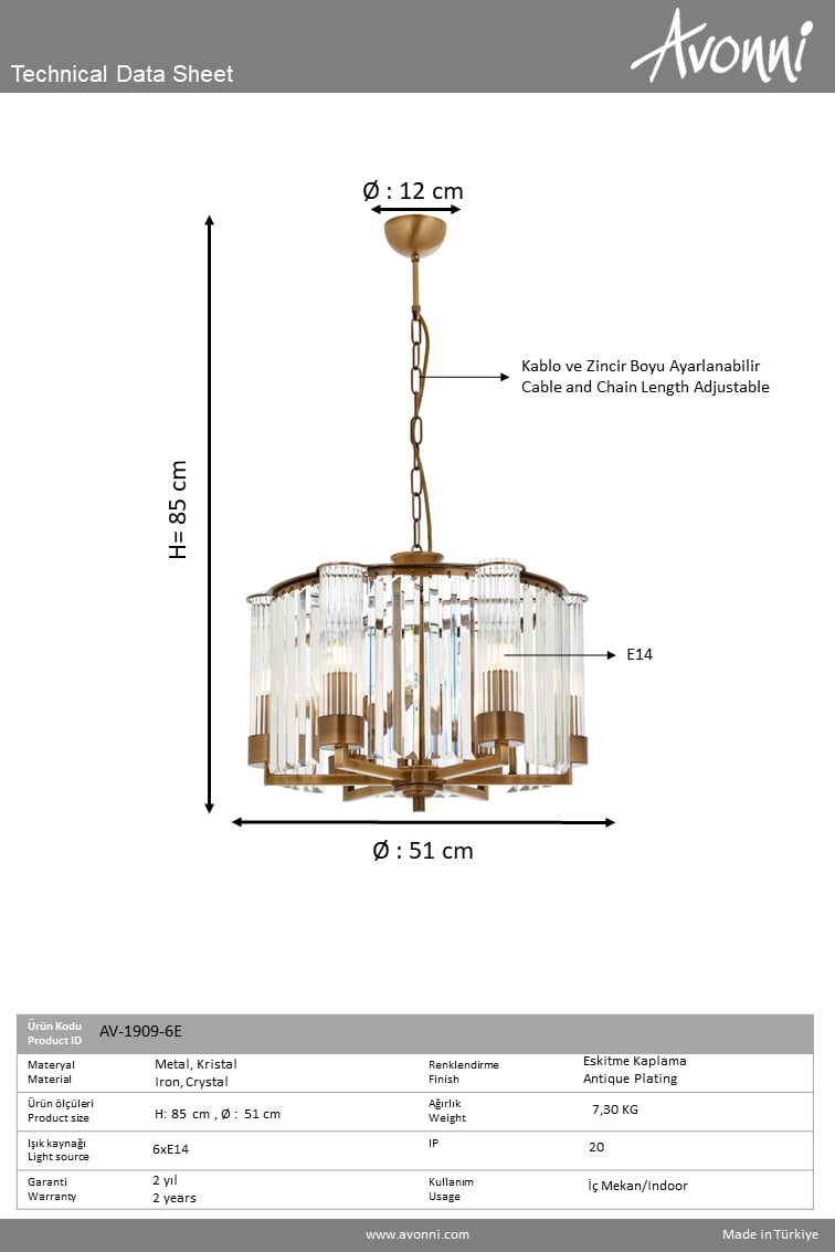 Avonni, 1909 Ailesi Eskitme Kaplama Modern Avize 