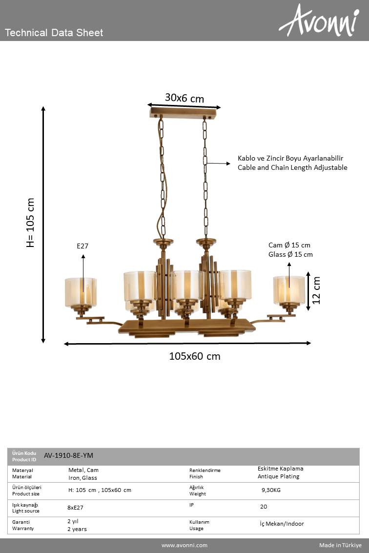 Avonni, 1910 Ailesi Eskitme Kaplama Modern Avize 