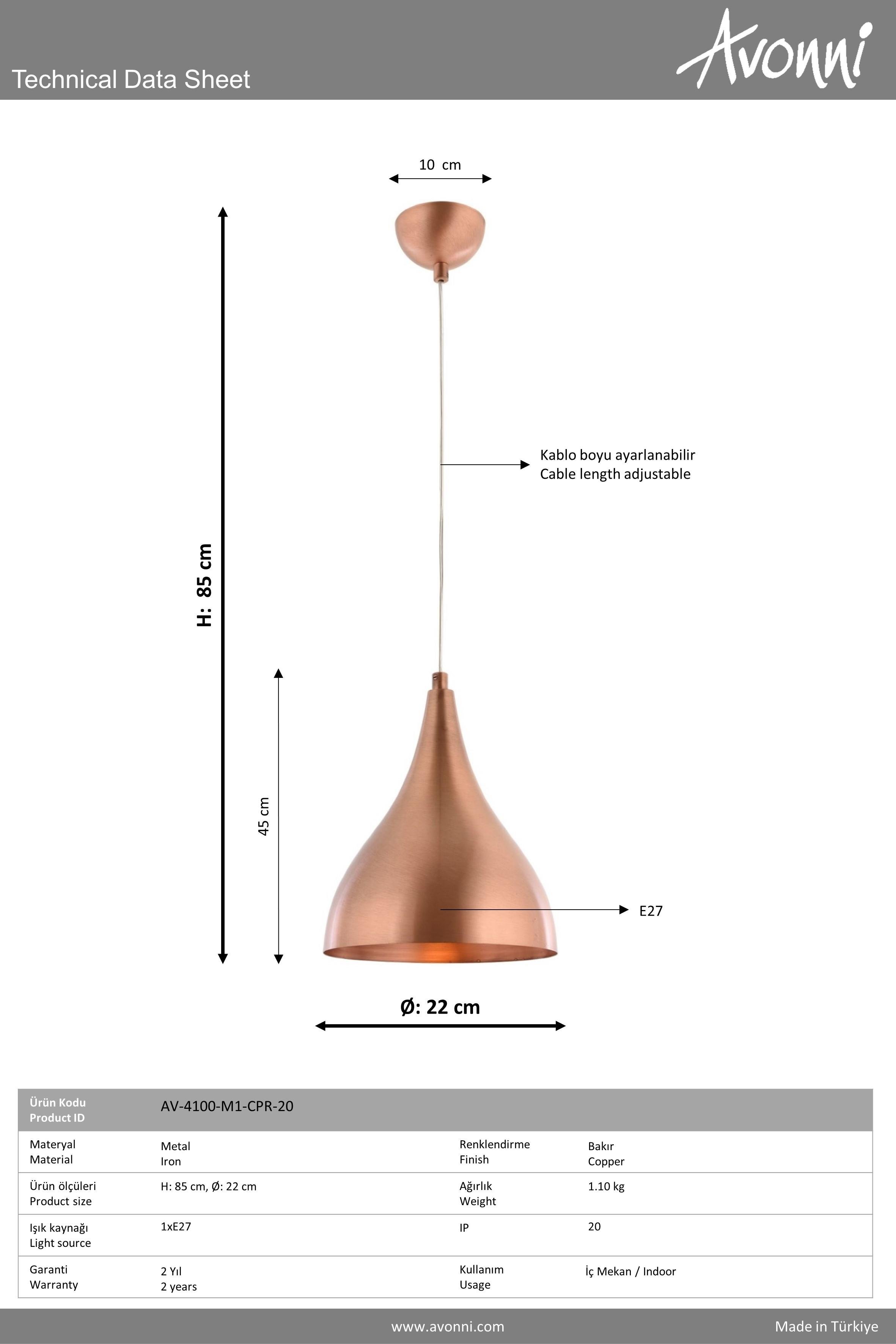 Avonni, 4100 Ailesi  Bakır Modern Avize 