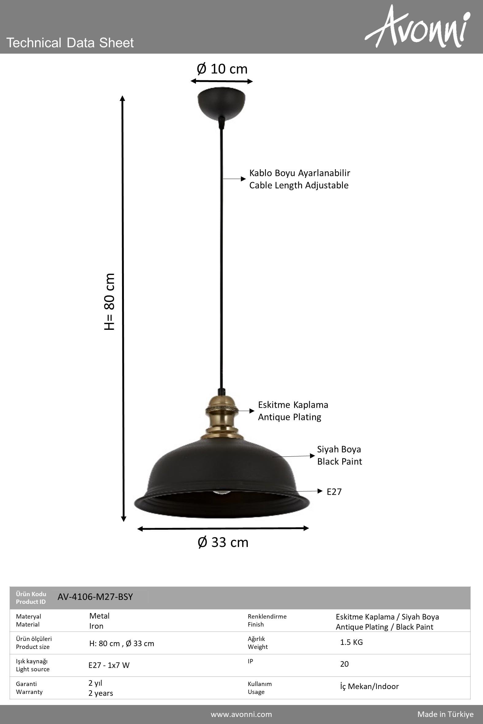 Avonni, 4106 Ailesi Siyah Boyalı Tekli Avize