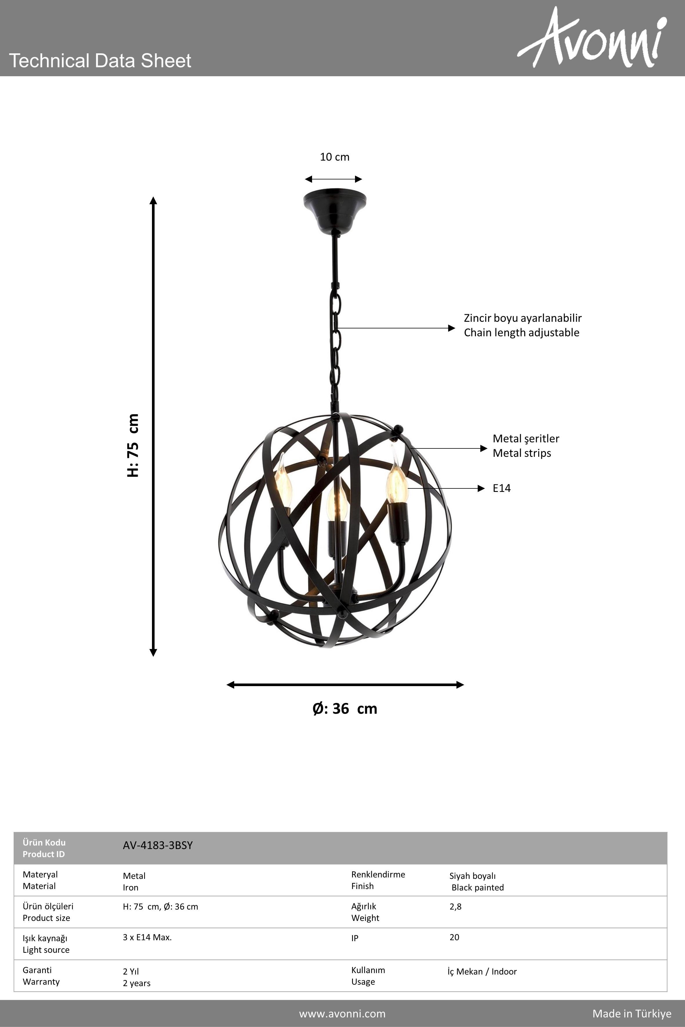 Avonni, 4183 Ailesi Siyah Boyalı Modern Avize 