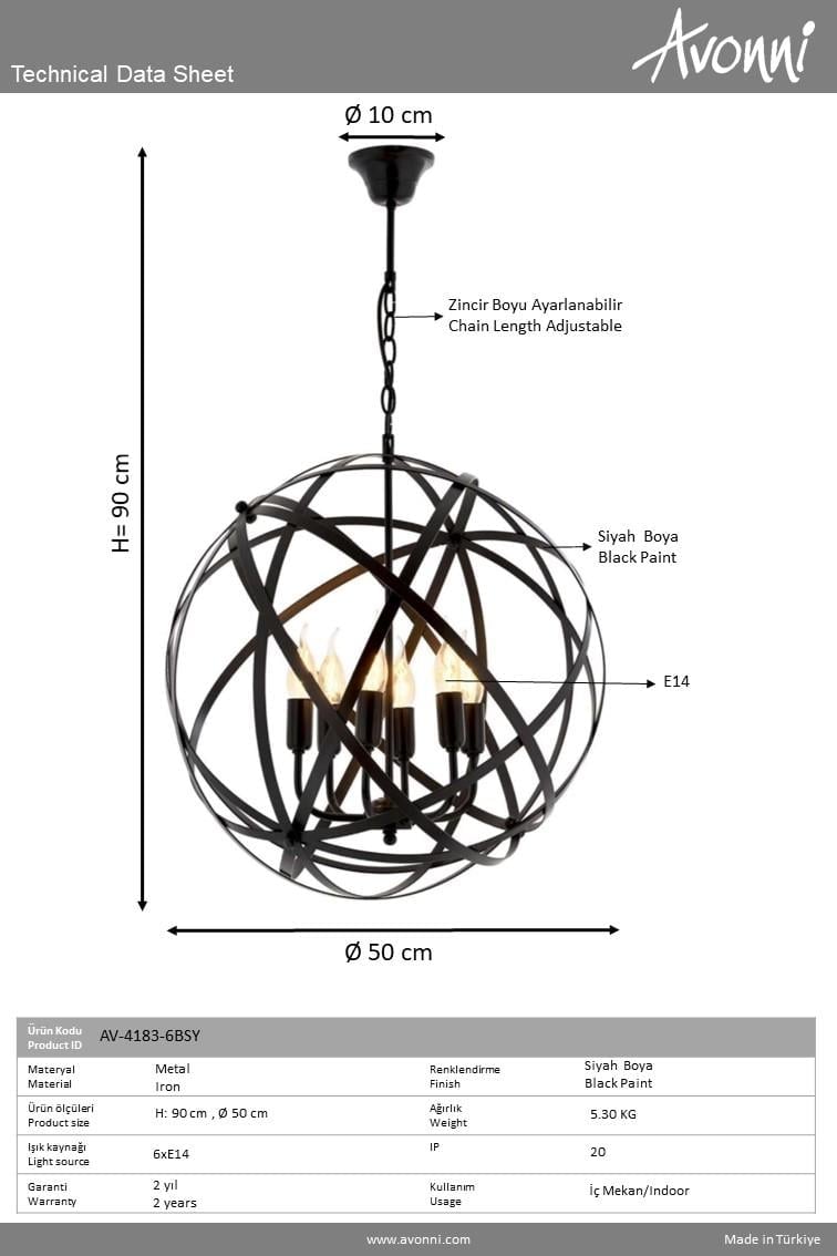 Avonni, 4183 Ailesi Siyah Boyalı Modern Avize 