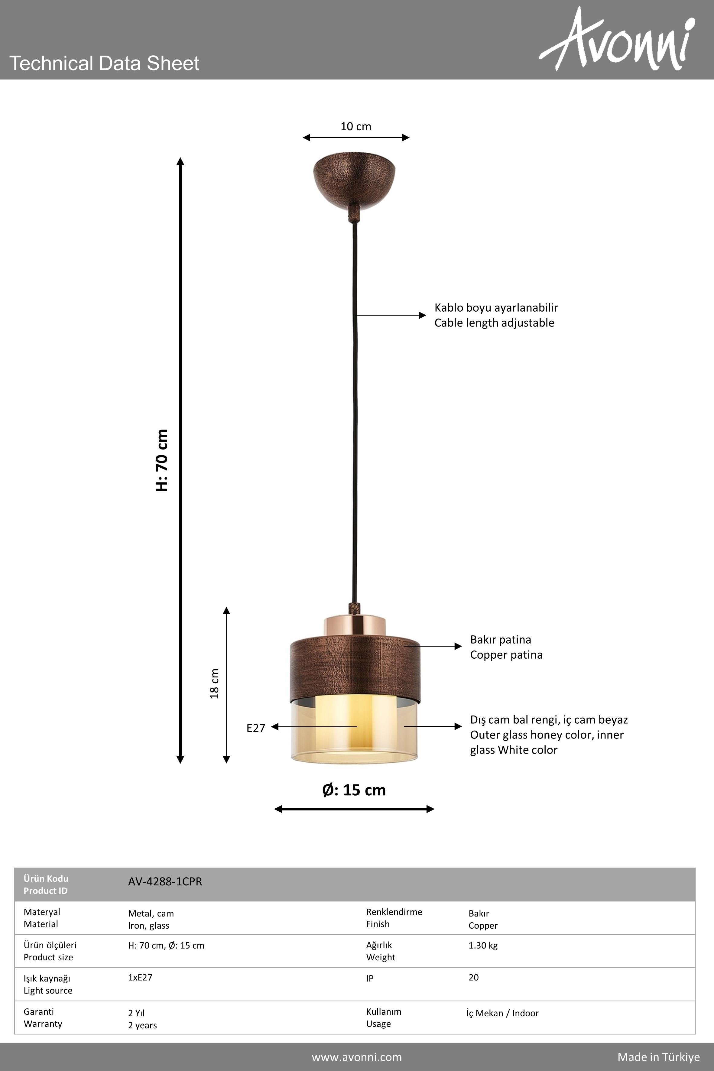 Avonni, 4288 Ailesi Bakır Patina Boyalı Modern Avize 