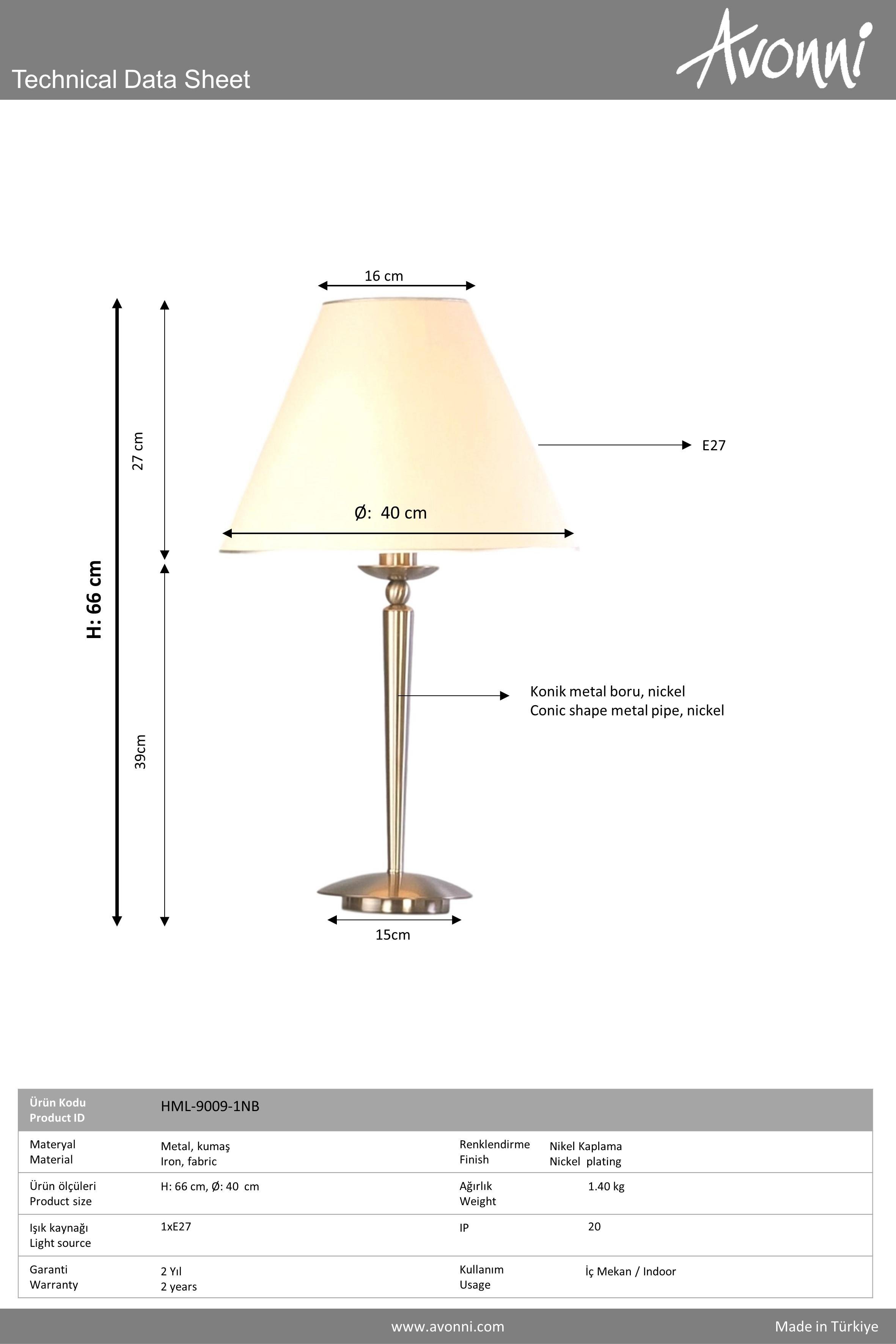 Avonni, 9009 Ailesi Eskitme Kaplama Masa Lambası