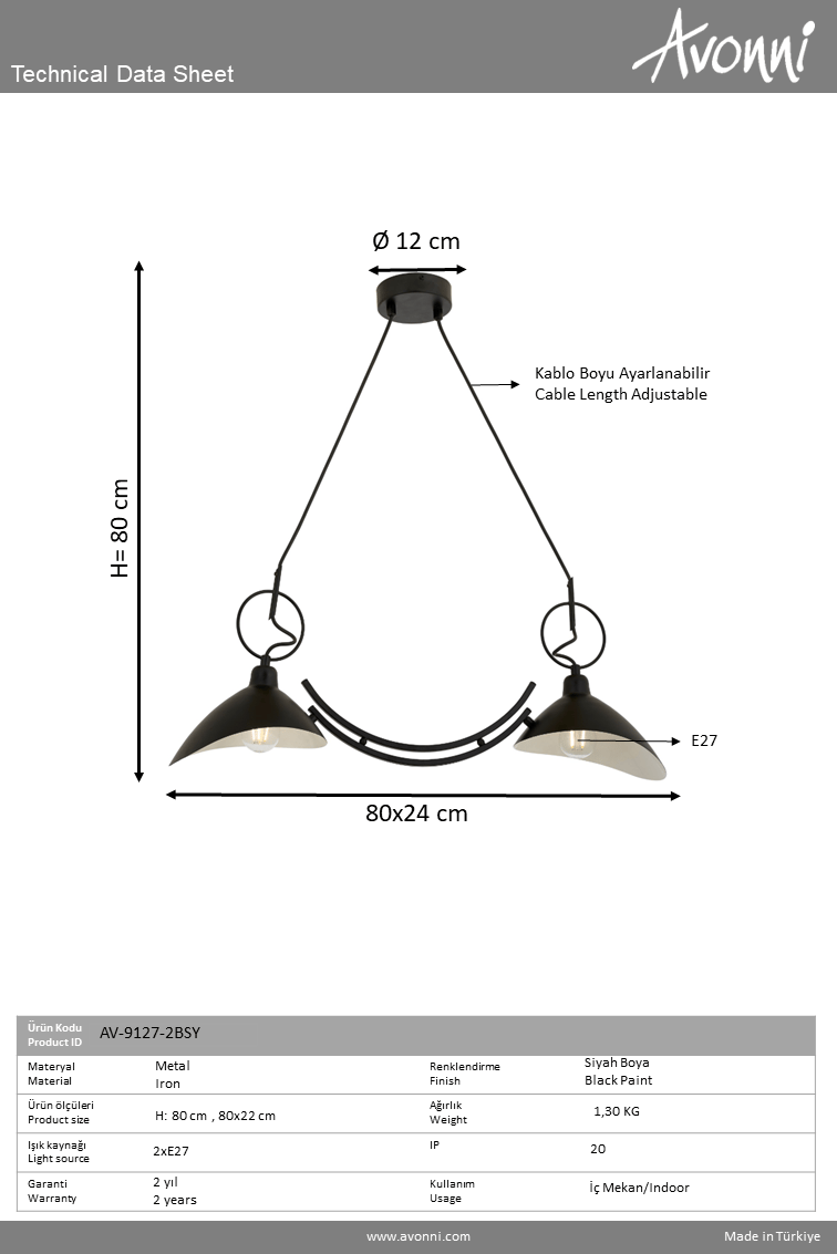 Avonni, 9127 Ailesi Siyah Boyalı Modern Avize 