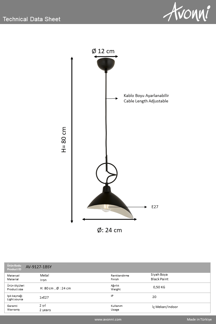 Avonni, 9127 Ailesi Siyah Boyalı Modern Avize 