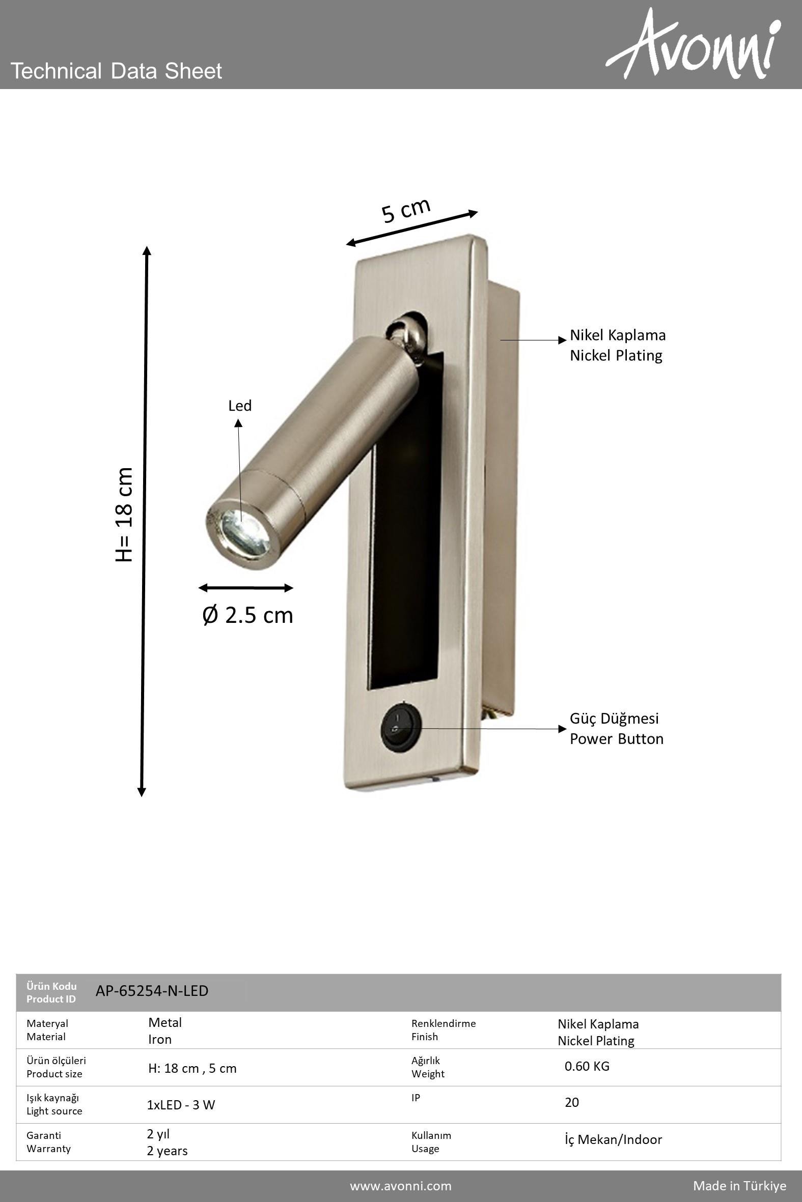 Nikel Kaplama Aplik AVONNI AP-65254-N-LED